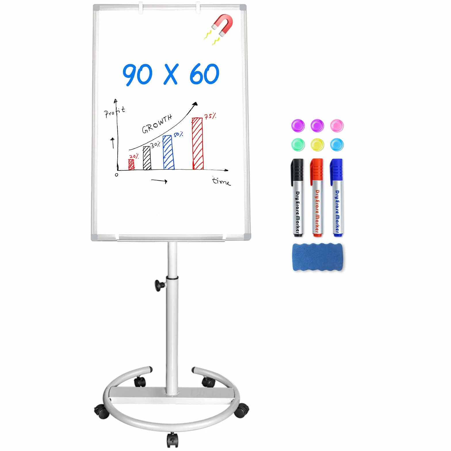 maxtek Lavagna Bianca Mobile 90 x 60 cm, Lavagna Magnetica Cancellabile a Secco, Altezza Regolabile con Cavalletto e Ganci Argento