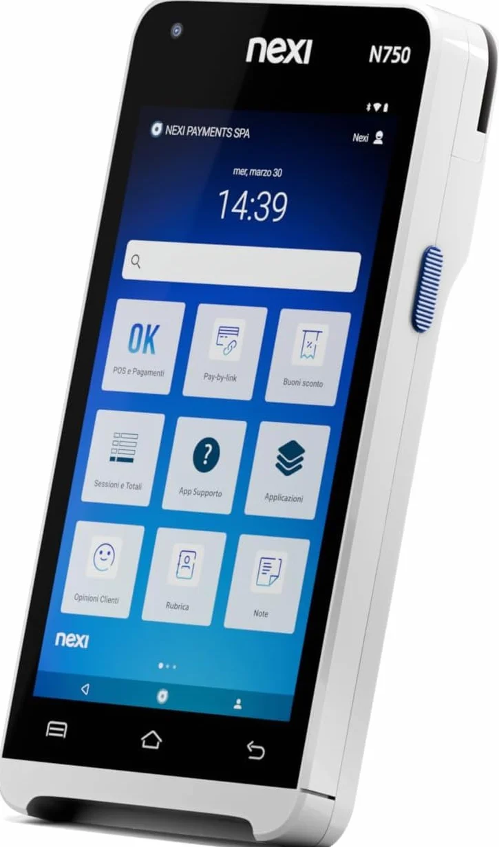 Nexi SmartPOS Mini con Cassa Fiscale integrata, Canone Zero, Pos Portatile Contactless e Lettore Elettronico per Pagamenti con Bancomat, Carta di Credito, Prepagata, Apple Pay e Google Pay