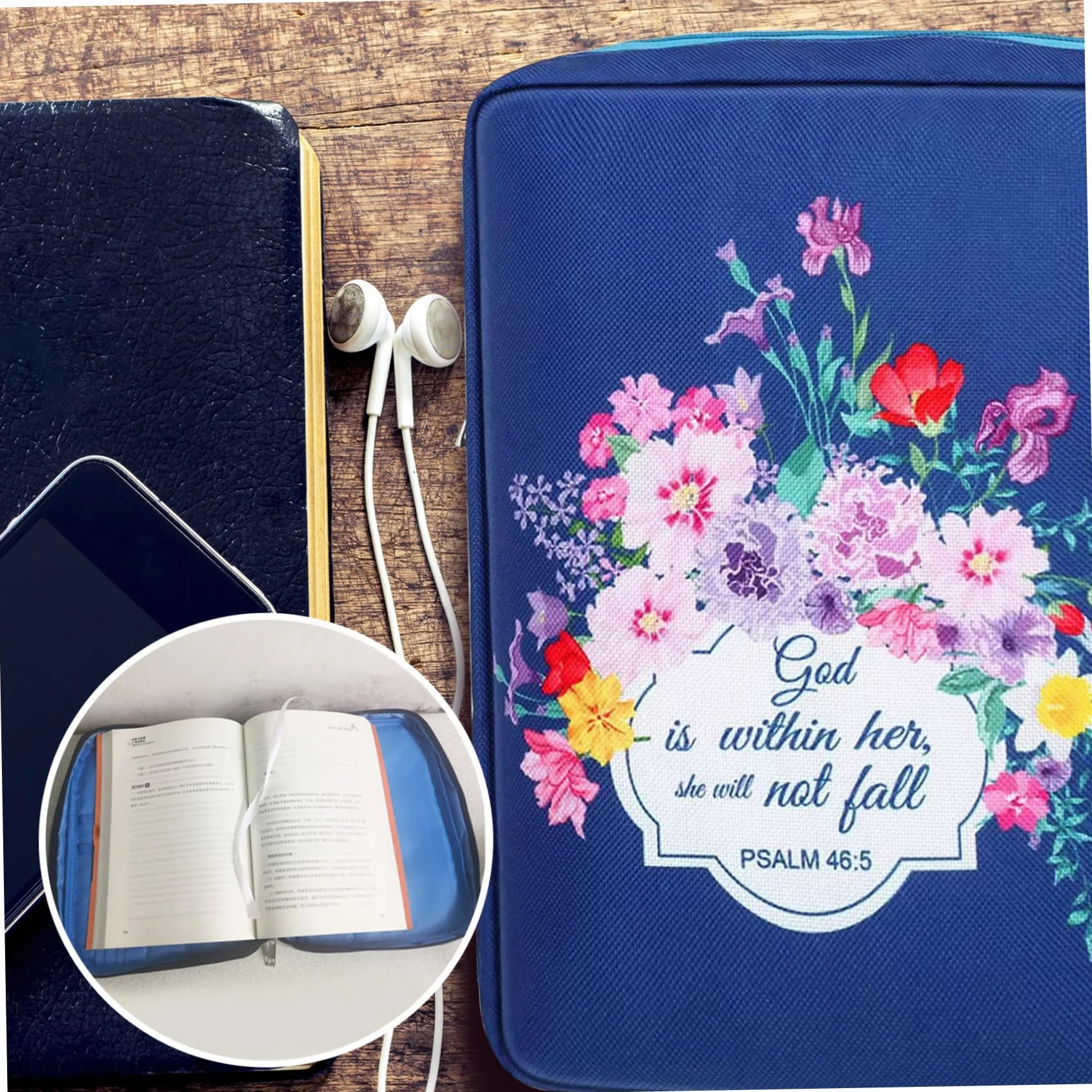 Custodia per Bibbia Donna 25,4 x 17,8 cm Oxford Tessuto Cerniera Floreale Blu