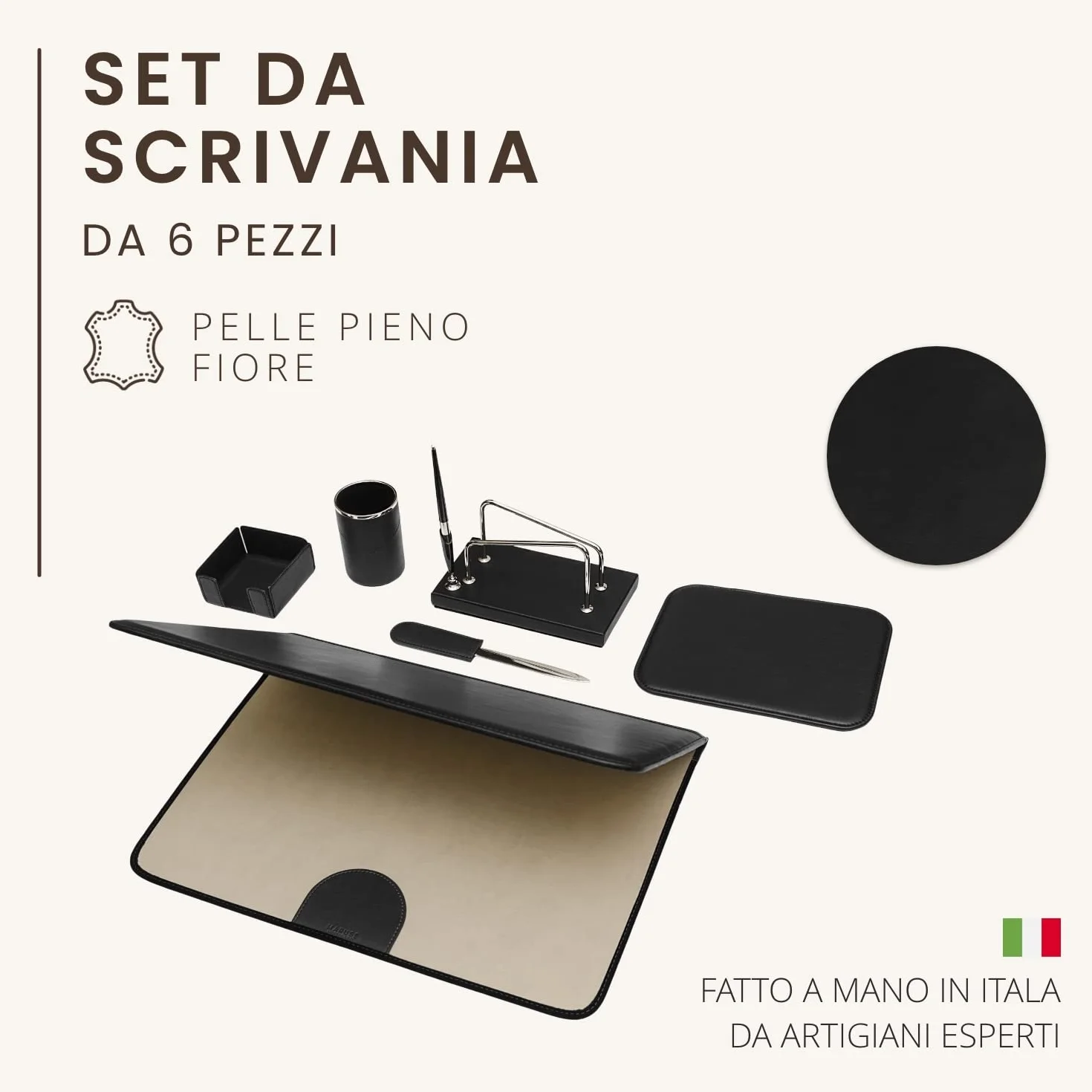 Set da Scrivania 6 Pezzi Pelle Pieno Fiore Fatto a Mano in Italia Nero