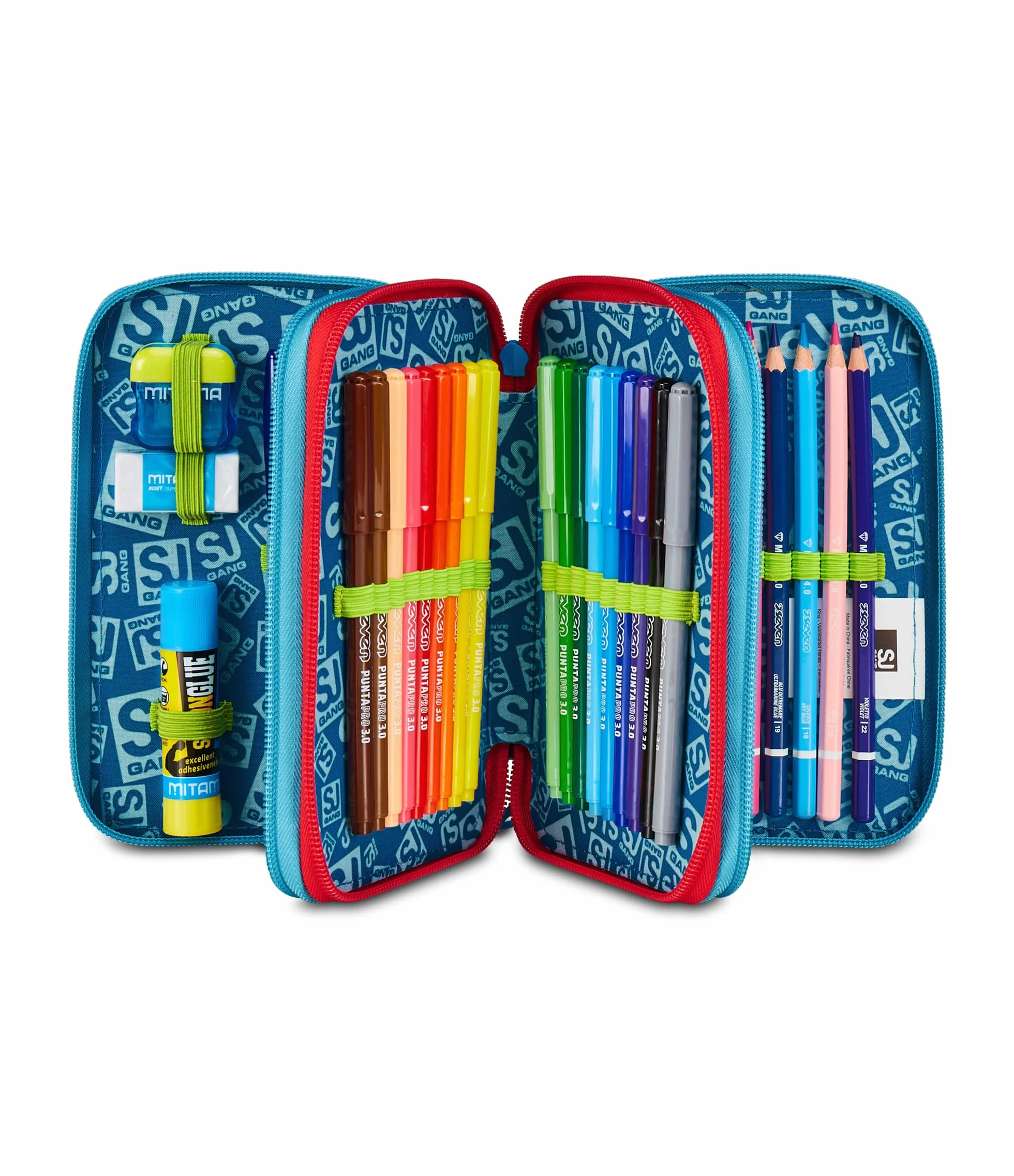 SJ GANG STYLE JAM GANG Astuccio Scuola 3 Zip Sharky Skate, Blu, Portapenne Triplo Scomparto Completo Di Penne, Matite, Colori, Accessori Zaino, Scuola Elementare, Bambino