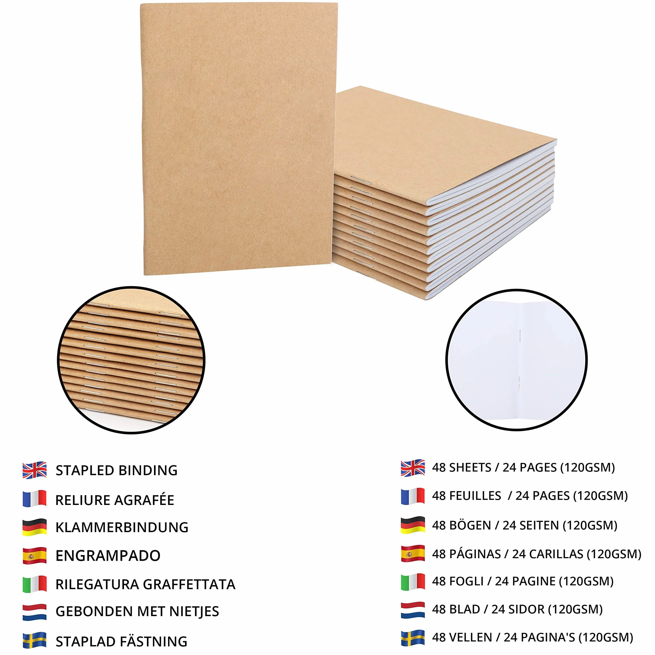 BELLE VOUS Set 48 Quaderno Appunti Kraft Copertina Marrone A6 10,5 x 14 cm 24 Pagine Bianchi Quadrati per Viaggi Ufficio