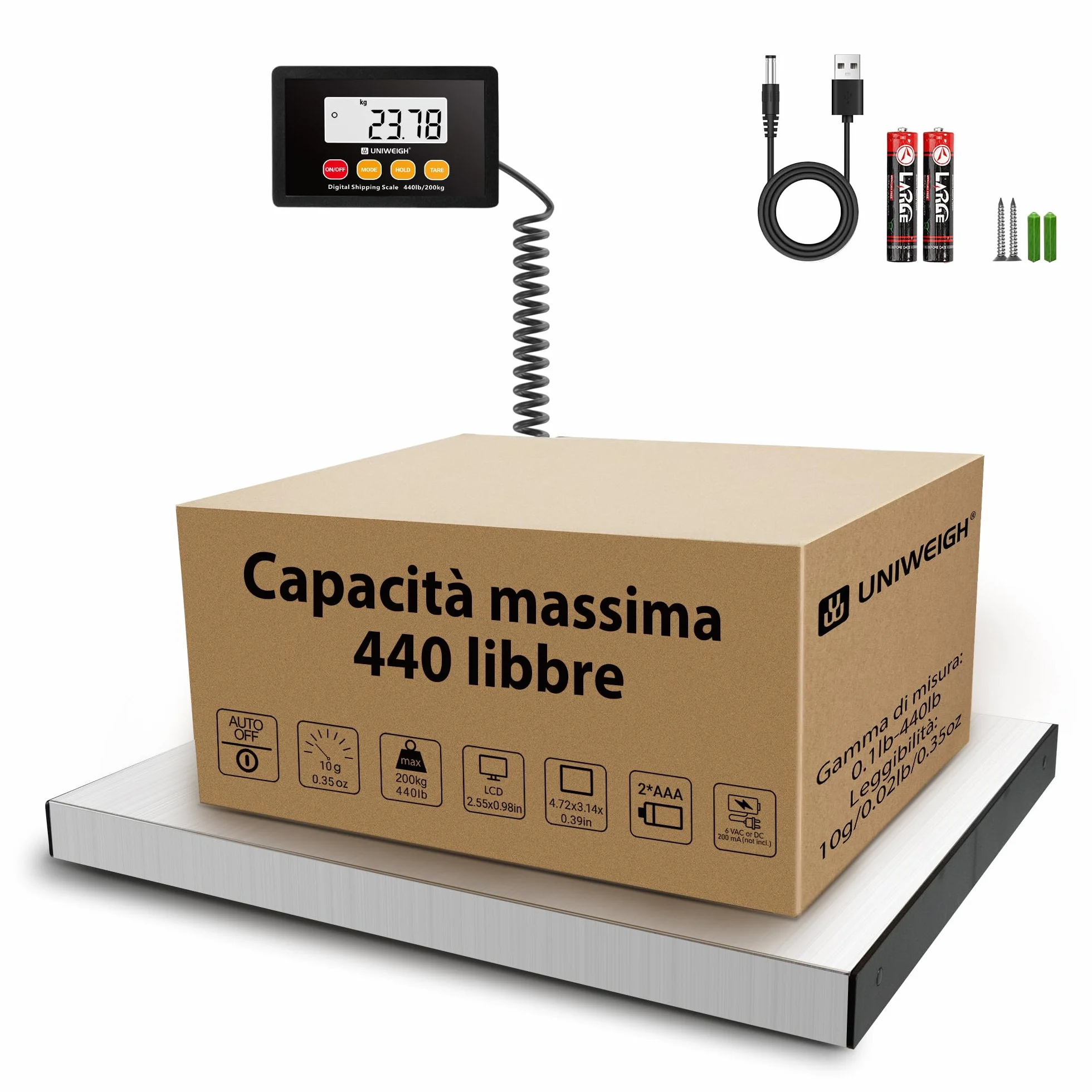 Bilancia Digitale 440lb x 10g Alta Precisione UNIWEIGH Piattaforma Acciaio Inox