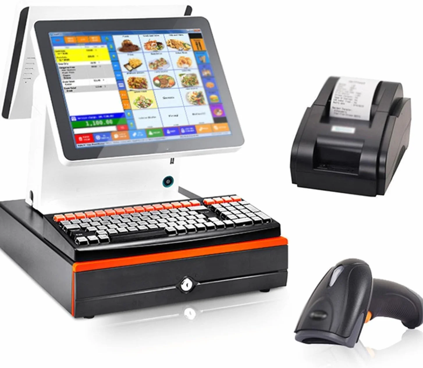Registratore di Cassa Touchscreen Tutto-in-Uno Doppio Schermo 15,6 Pollici, Pieghevole multiangolo, Sistema POS Windows 4GB RAM 128GB Memoria per Ristorante supermercato Negozio caffetteria Hotel
