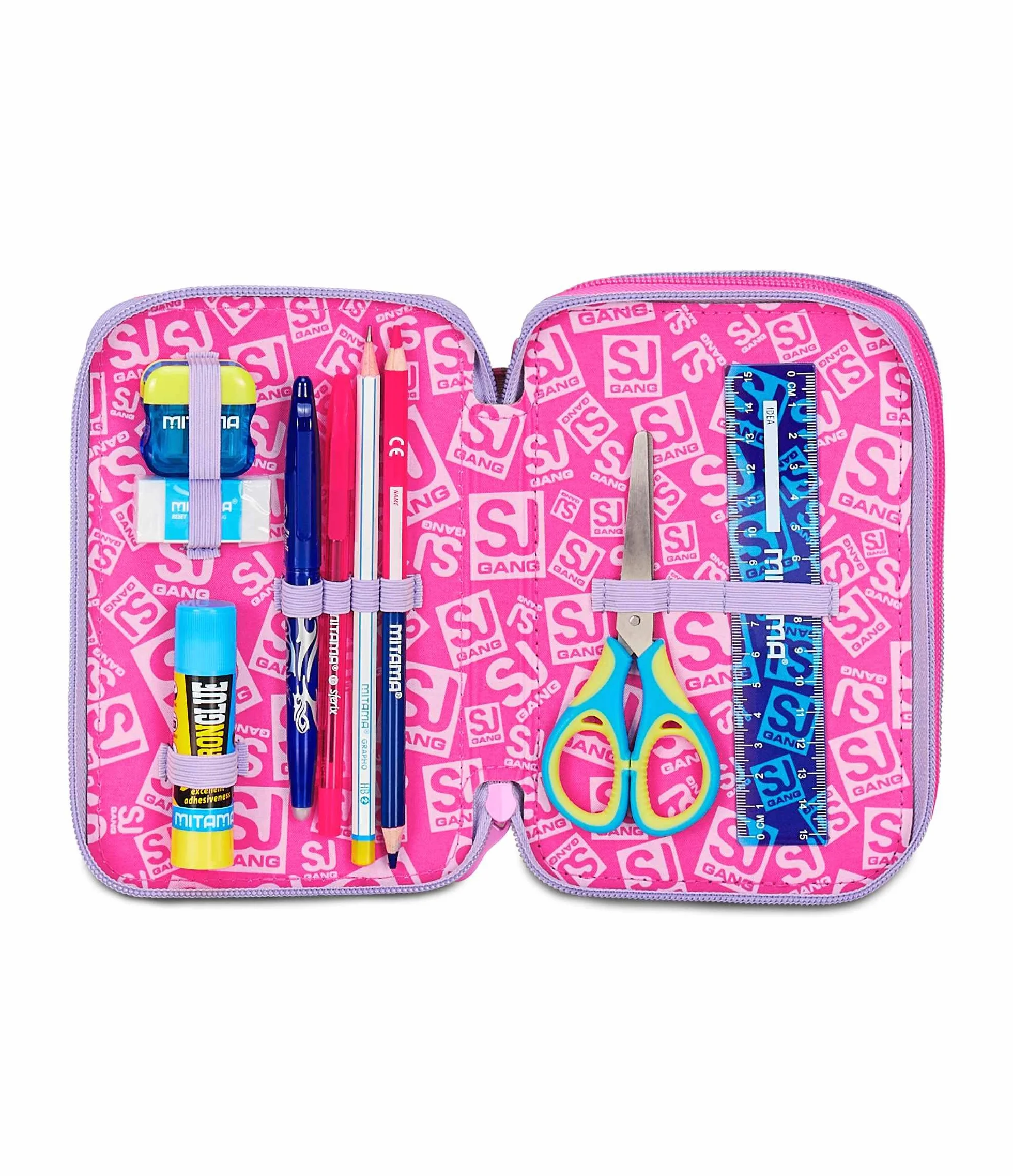 Astuccio Scuola 3 Zip Fucsia Portapenne Triplo Scomparto Completo Penne Matite Colori