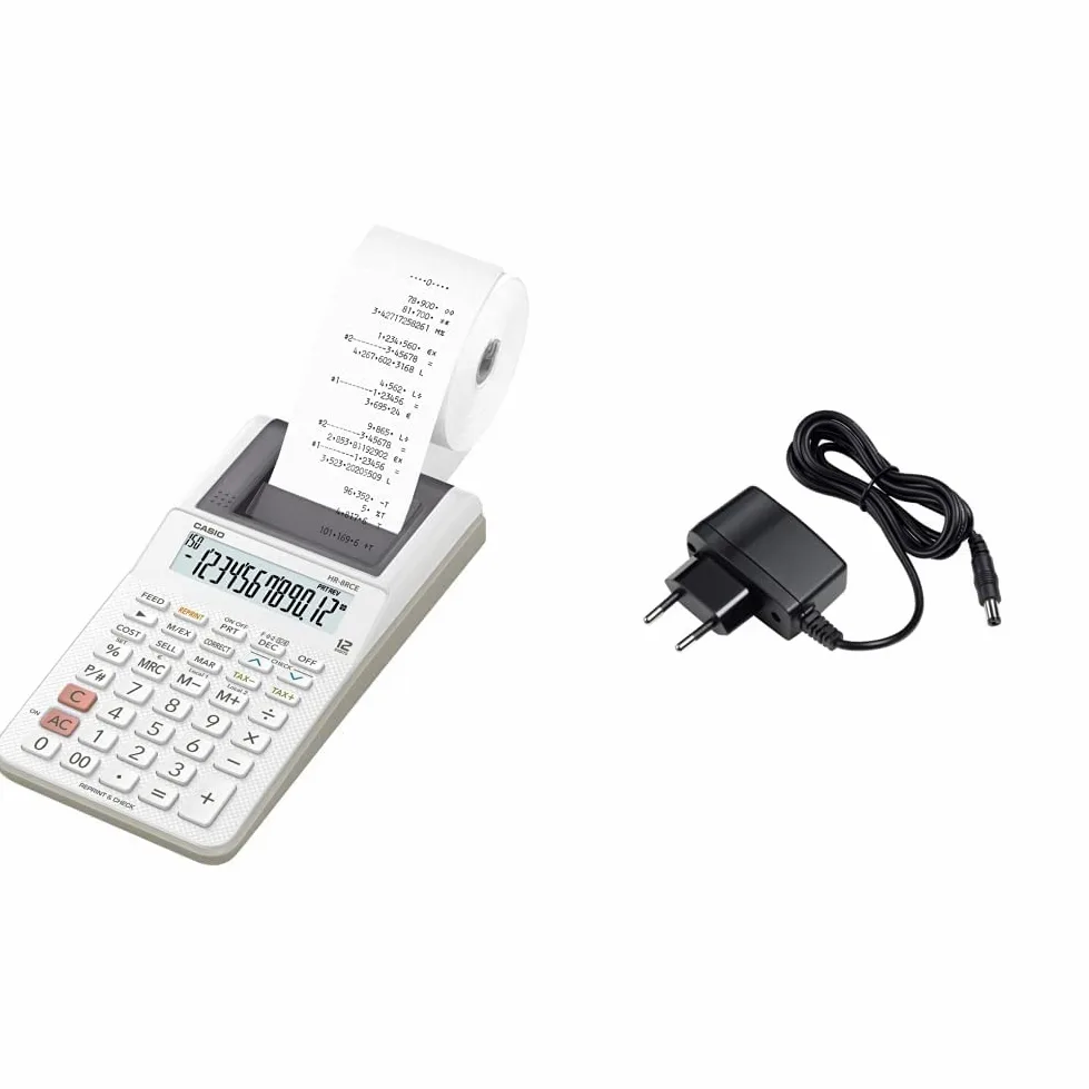 Casio HR-8RCE-WE Calcolatrice Scrivente Bianca Portatile, Bianco & ADA-60024 Alimentatore, nero