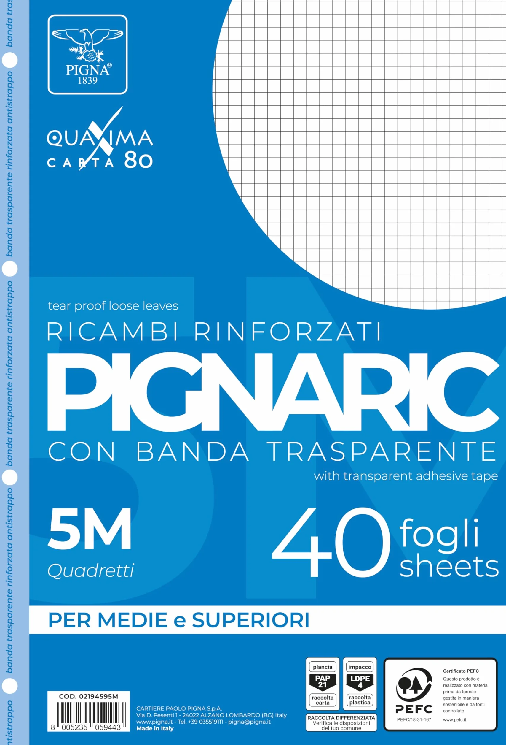 Pigna 02194595M Ricambio con Banda Rinforzata Rigatura 5M Carta 80g/mq 40 Fogli