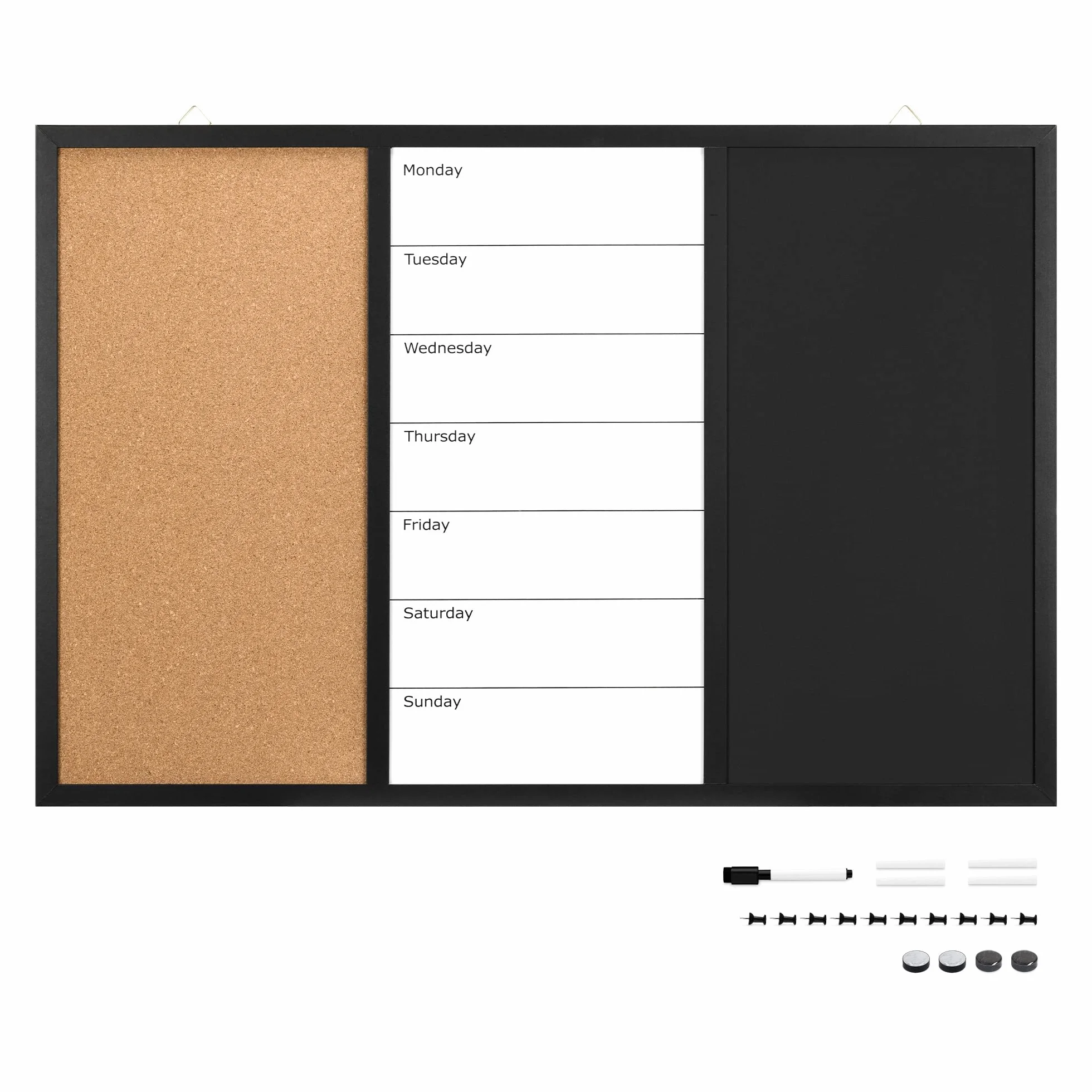Navaris Lavagnetta Magnetica da Parete - Lavagna da Parete Cucina Cancellabile - Lavagna Cucina 3 in 1 - Bacheca in Sughero Magnetica e in Ardesia - Include Pennarello Gessetti e Puntine - 90 x 60 cm