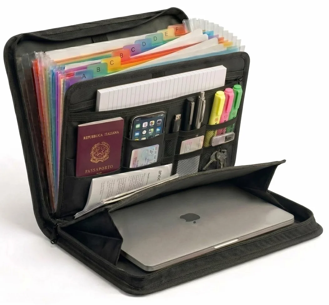 Cartella Portadocumenti in Eco Pelle Nera Porta Documenti A4 12 Slot Carte Organizer Ufficio Viaggio 36x26x5 cm