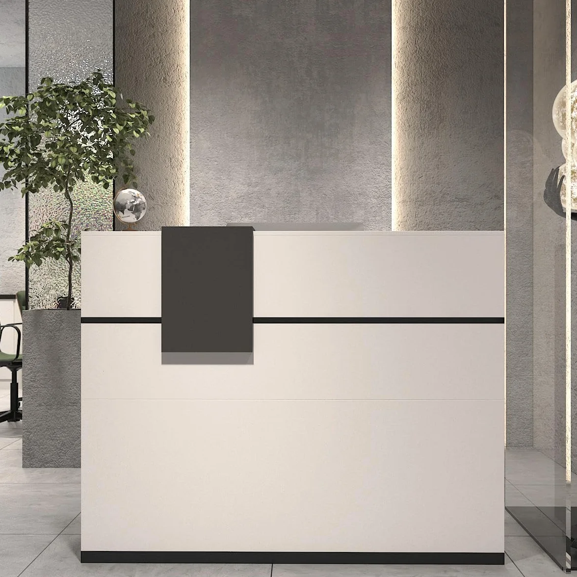 Banco di reception, banchi di reception, banchi di ricevimento con cassetti e armadi chiudibili, bancone con ripiani aperti regolabili, 140 x 60 x 110 cm, MDF, bianco, HUPODE250005-0001