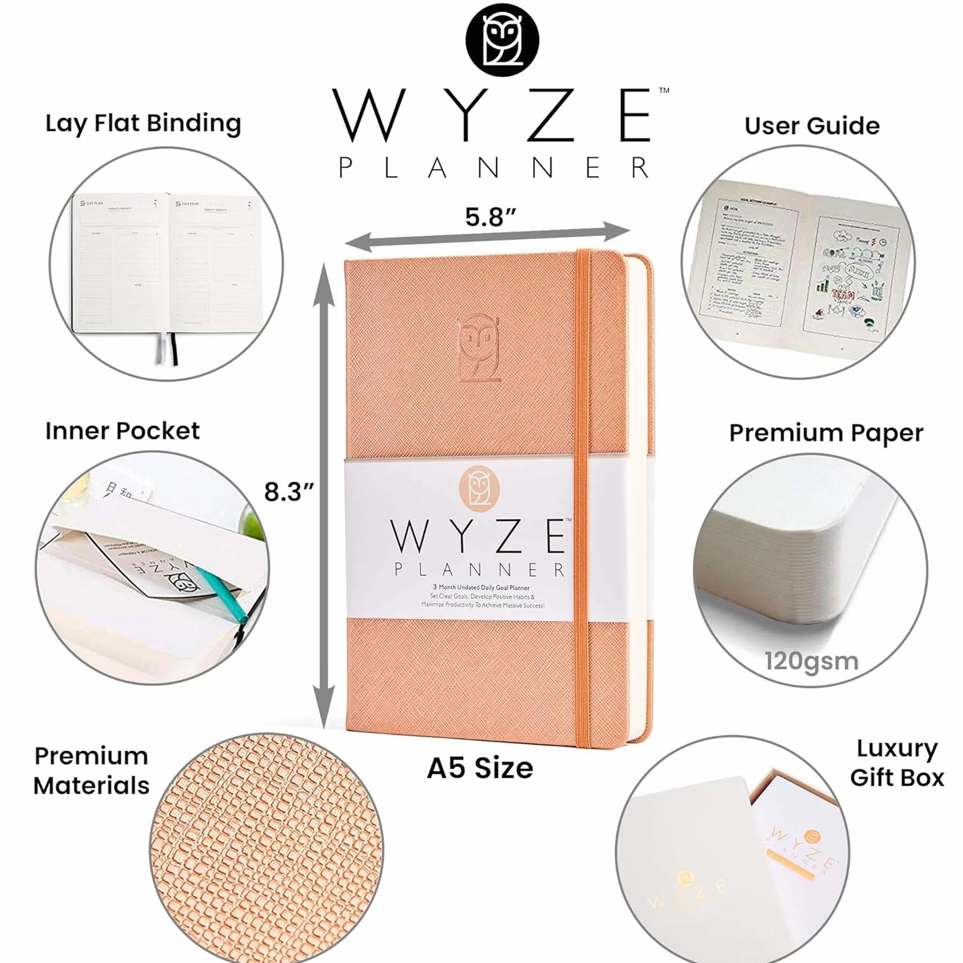 Wyze Planner Agenda giornaliera non datata, organizer per la produttività di 3 mesi, formato A5, con pagina intera al giorno, programma orario, impostazione obiettivi, tracker abitudini, pagine