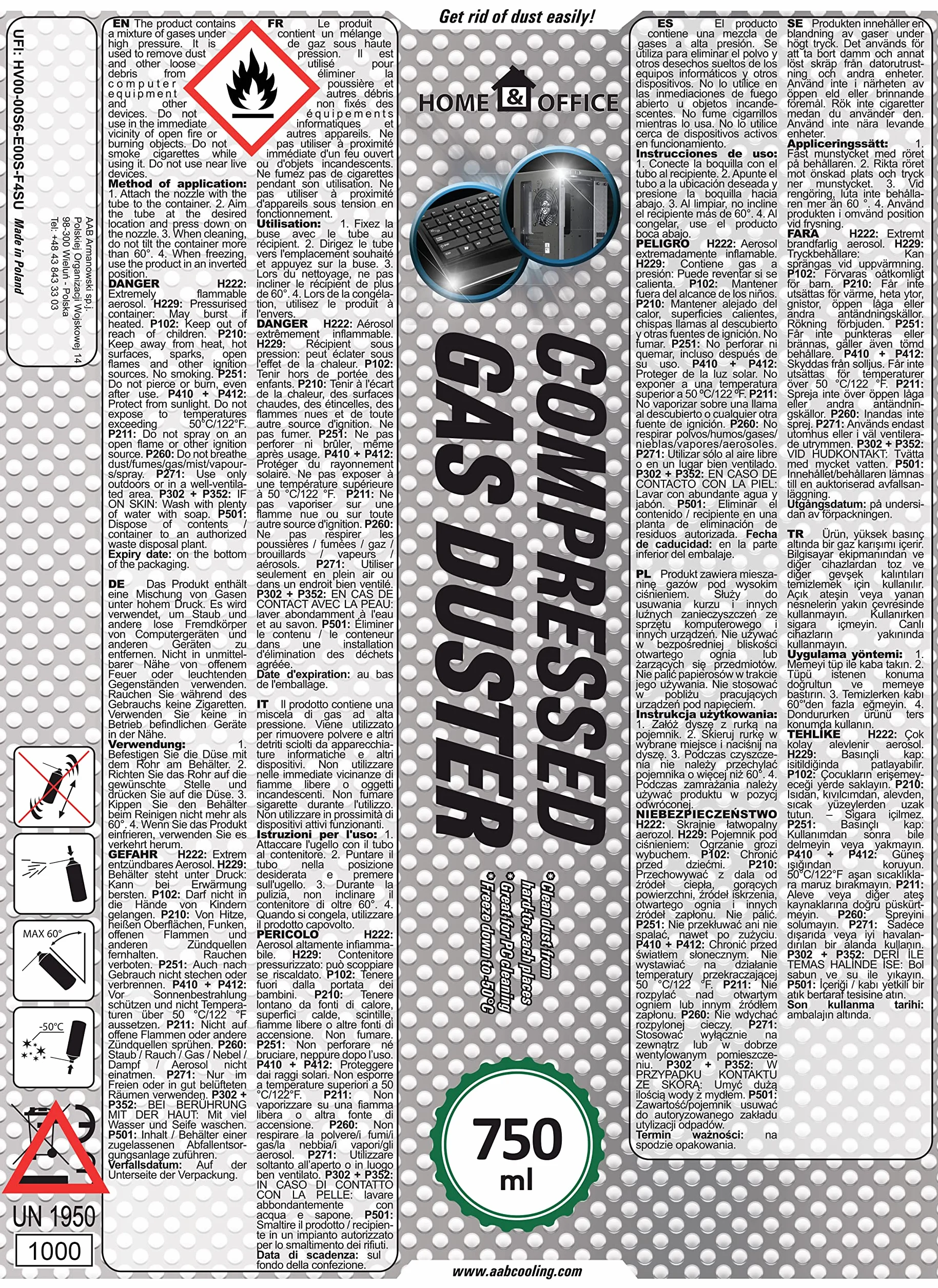 AABCOOLING 6x Bomboletta Aria Compressa Home&Office Compressed Gas Duster 750 ml -K2, Elettronica, Bombolette Spray, Spray Contatti, Aria Compressa Spray, Kit di pulizia, Foto e videocamere