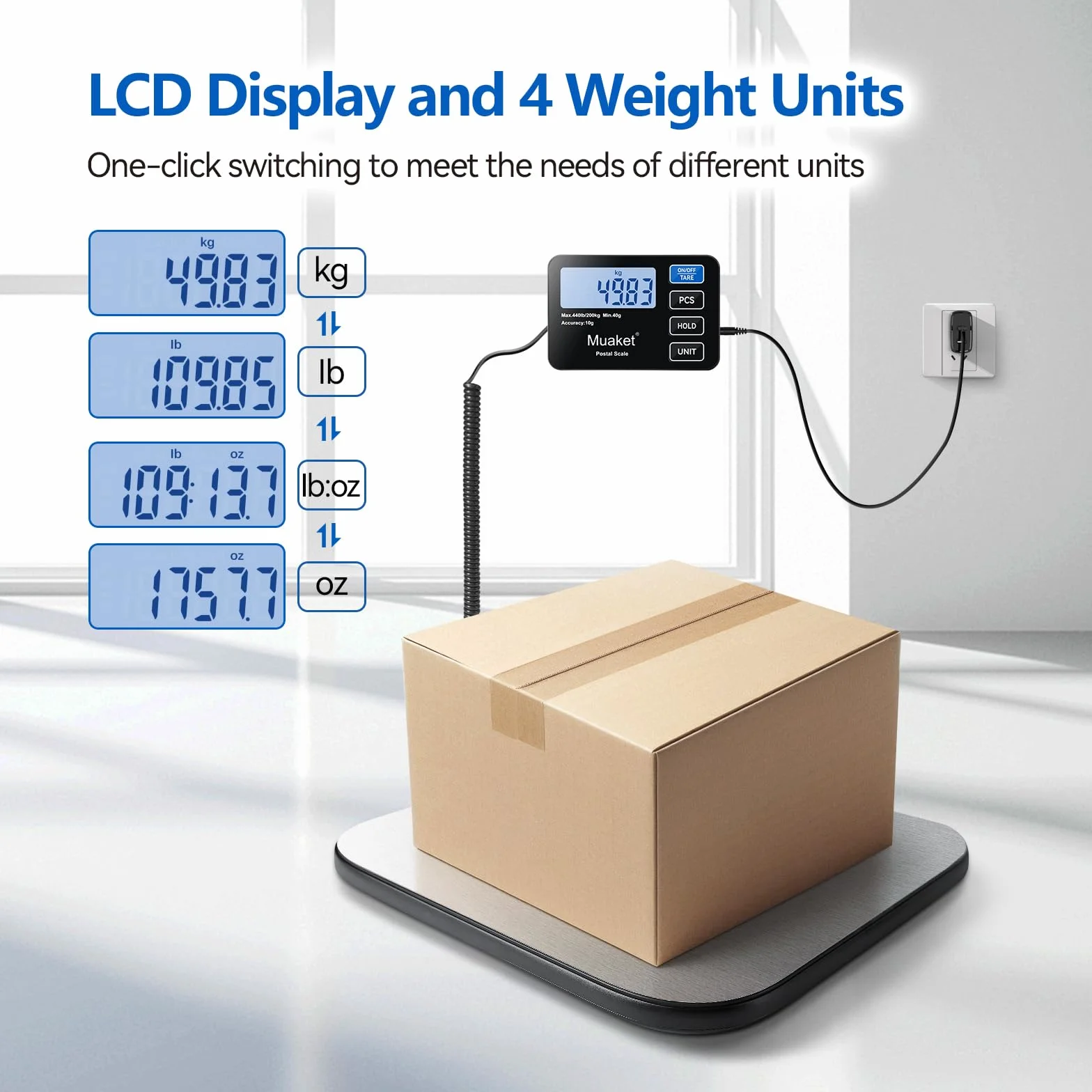 200kg/10g Bilancia Pesa Pacchi Digitale con Funzione di Mantenimento e Tara | Bilancia Postale con Batterie e Cavo di Ricarica, Bilancia Pacchi con Display LCD, 4 Unità per Magazzini, Bagagli e Magazzini