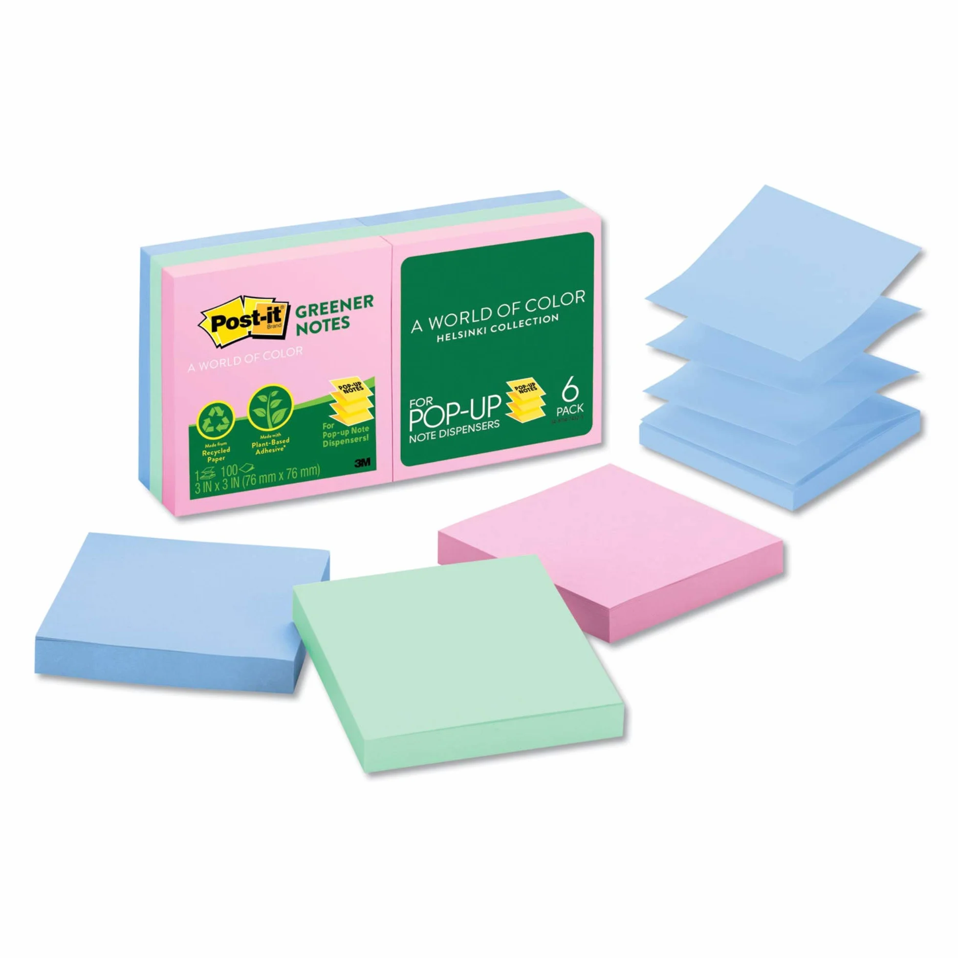 Post it (R) - Blocco note pop-up, Foglietti 100% riciclati, 7,6 x 7,6 cm, Helsinki, confezione da 6 blocchetti
