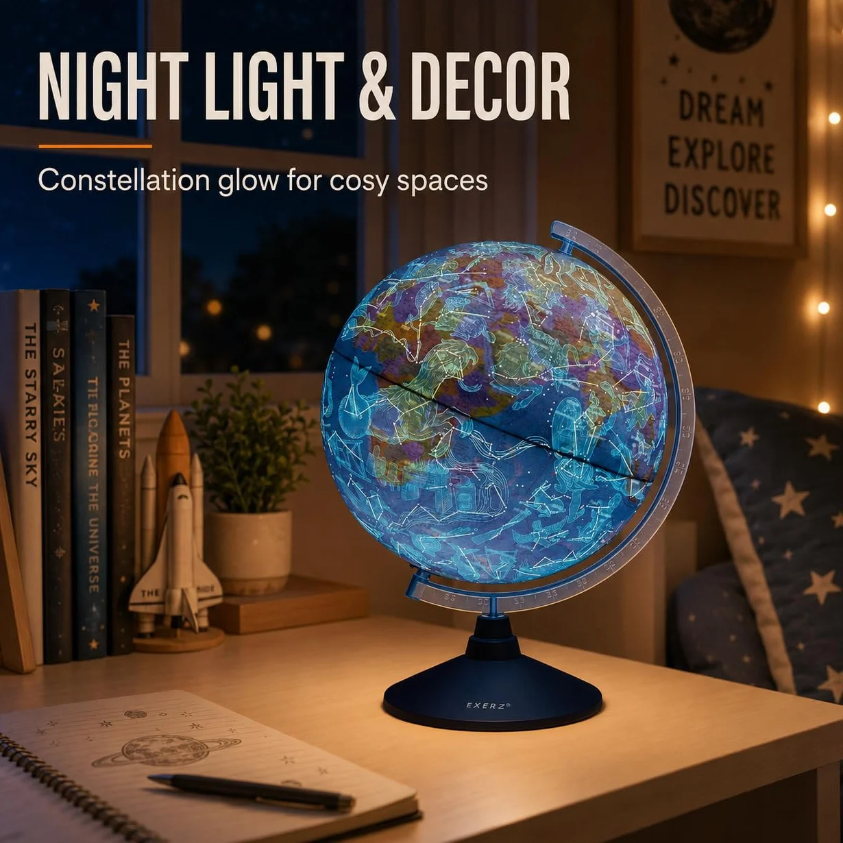 EXERZ 21cm Mappamondo Illuminato Con Illuminazione A LED Senza Cavi Giorno E Notte/Globo - in Inglese - Mappa Fisica (Giorno) - Constellazione (Notte) - App di Realtà Aumentata iOS