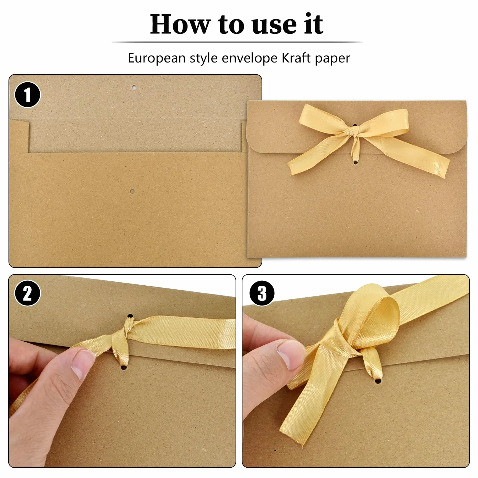 Buste in Carta Kraft con Nastro, 50 Pezzi, DIY per Regalo Vintage, Inviti, Cartoline, Biglietti (Dorato Nastro)