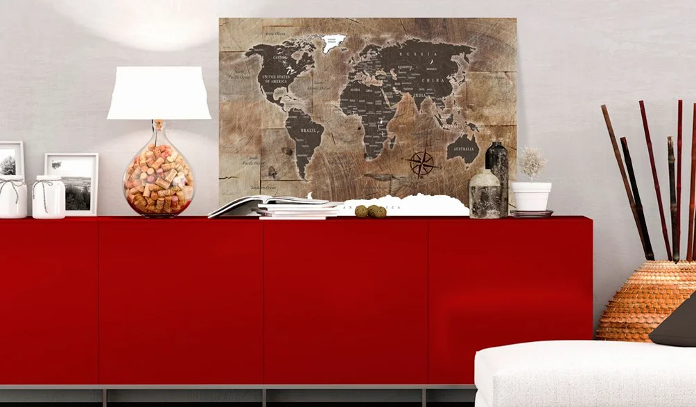 B&D XXL - Lavagna Di Sughero per Puntine - Mappa Mondo 120x80 cm 1 Pezzo - Bacheca Sughero da Parete & Quadro su tela in un Uno - Grande Decorativo per Parete per le Note - Geografica k-C-0050-p-d