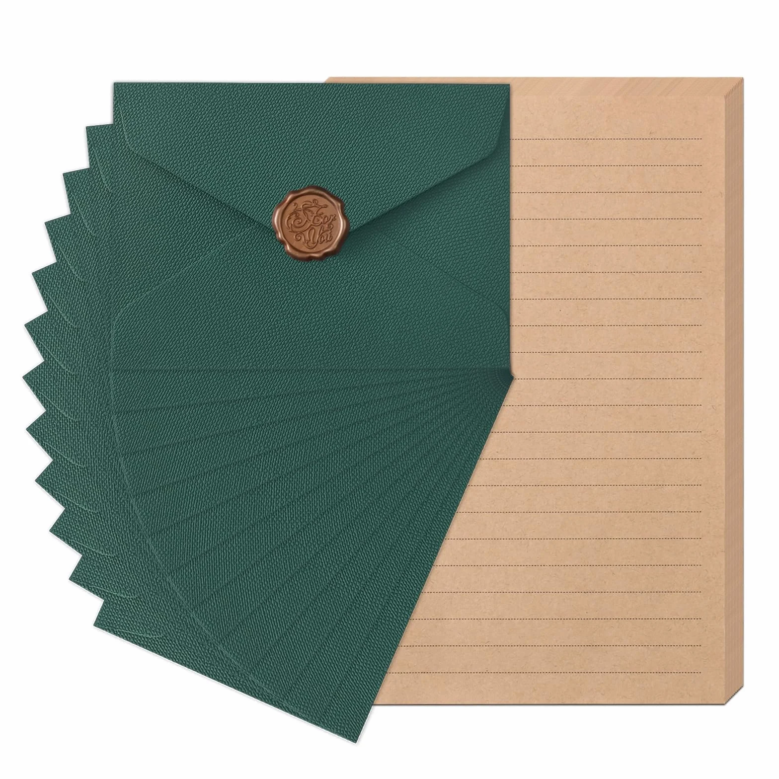 Set Vintage Carta da Lettere con Buste, 12 Buste Lino, 12 Adesivi Sigilli Cera, 24 Carte Kraft per Matrimonio