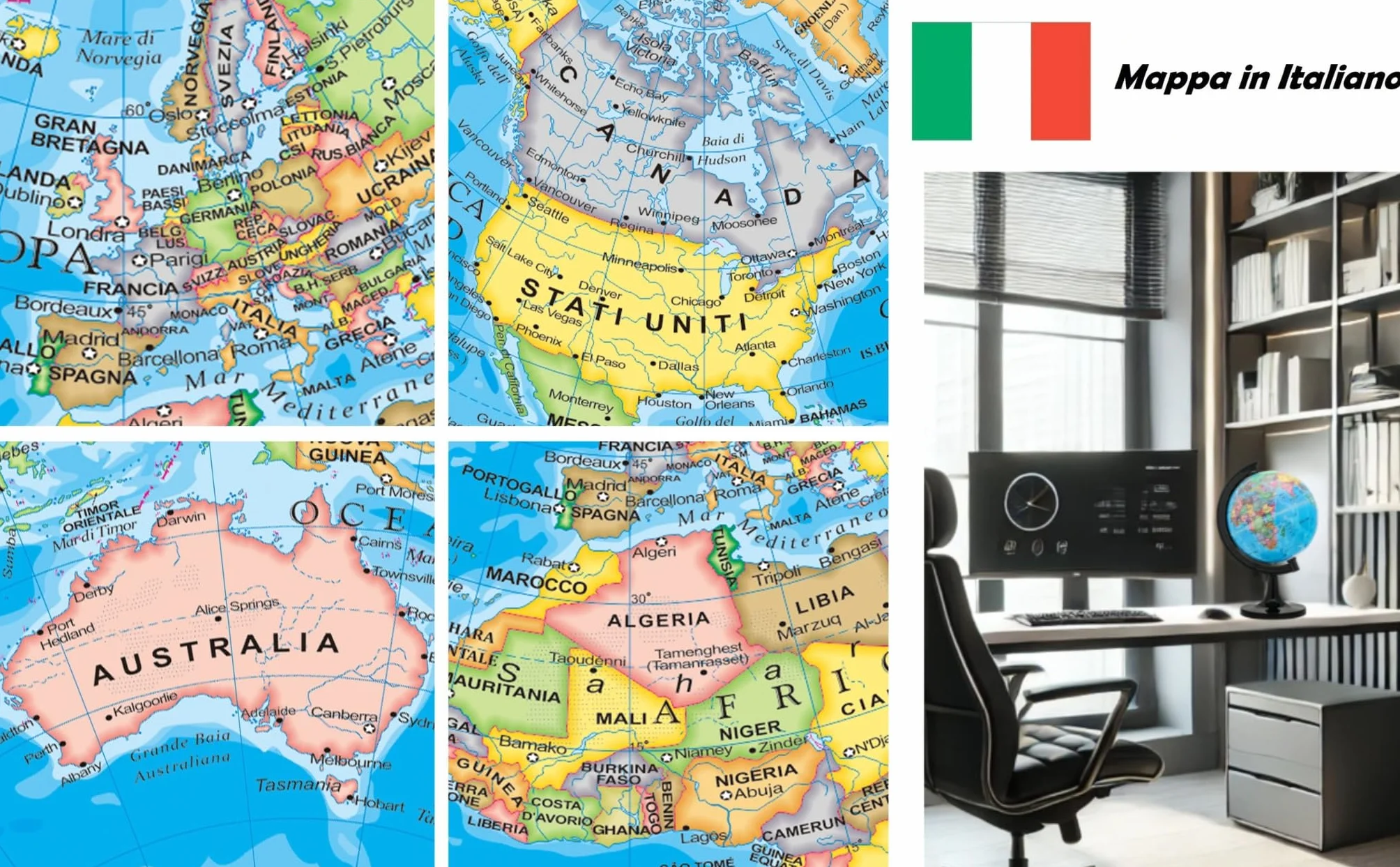 Mappamondo 14 cm Mappa Italiana Base Nera Exerz