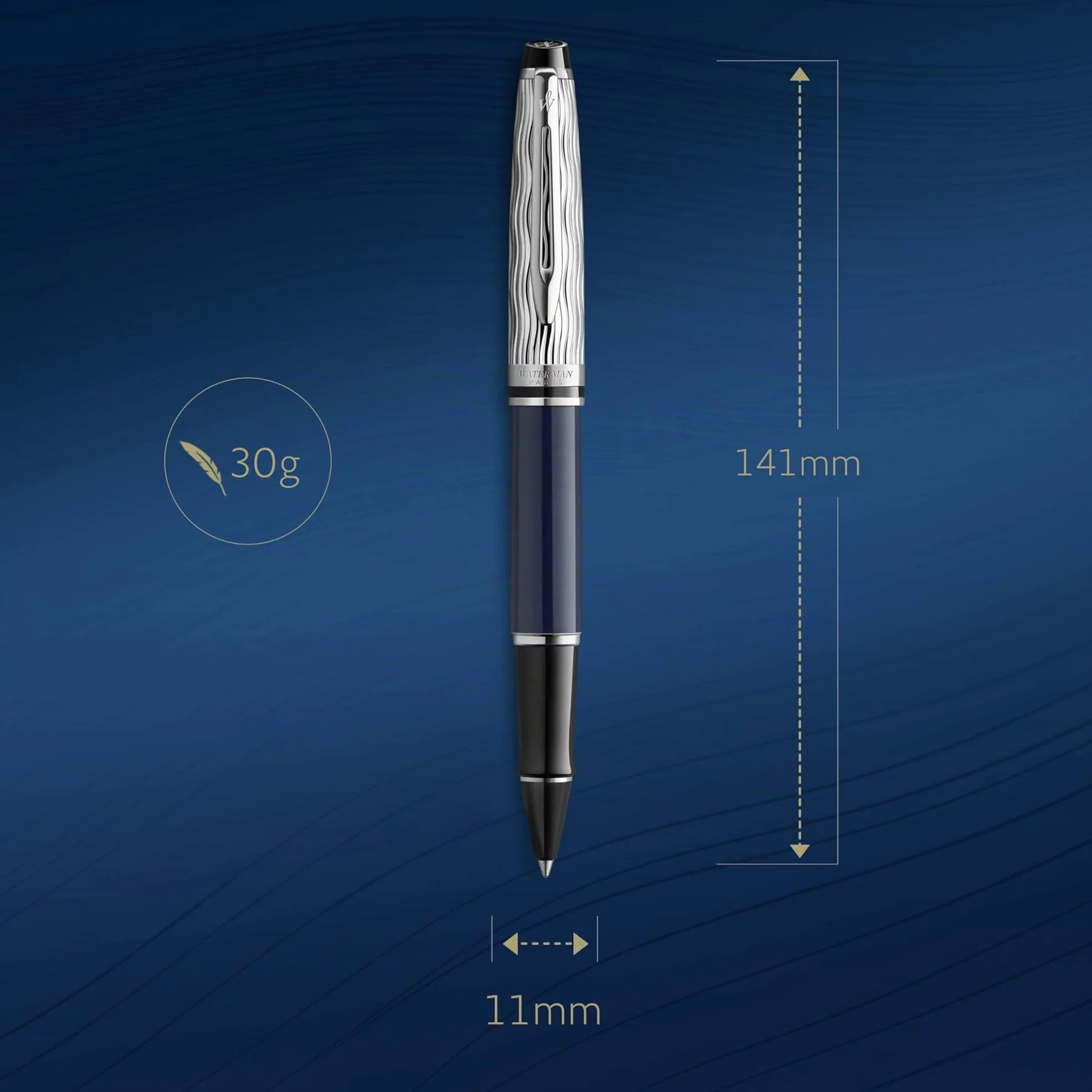 Waterman Expert penna roller Made in France laccatura blu metallo cappuccio cesellato inchiostro nero confezione regalo