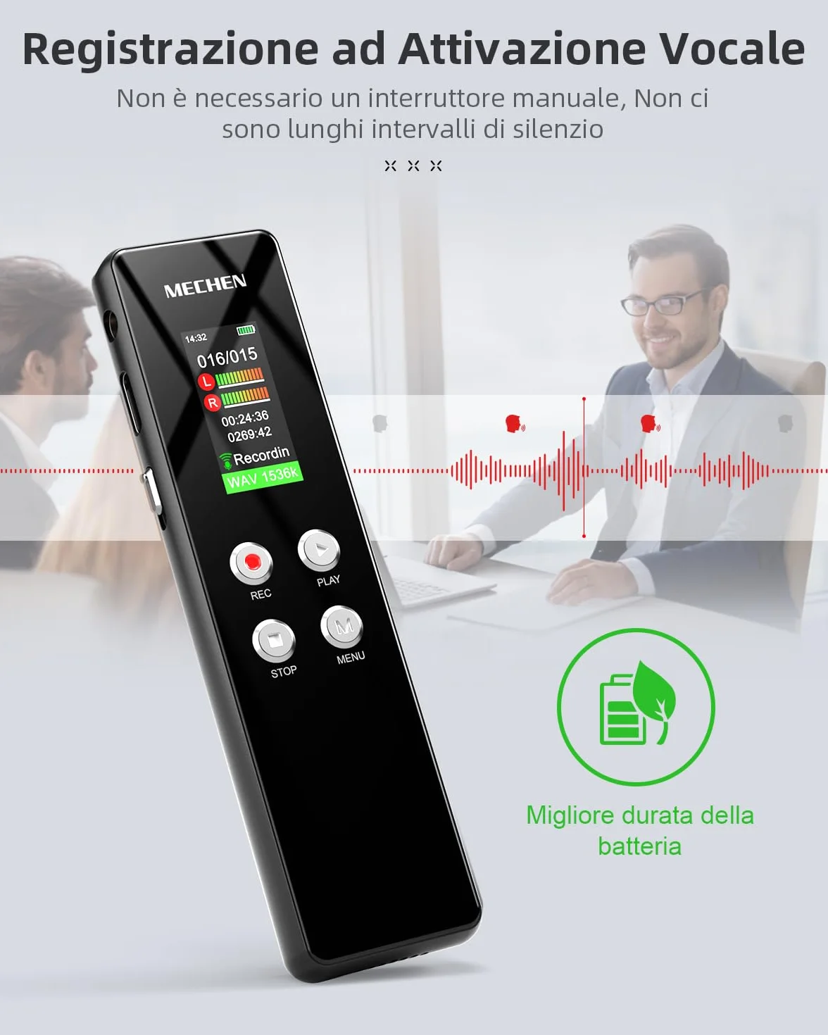 MECHEN V01 Registratore Vocale da 128GB, Registratore di Voce con Registrazione Anticipata, Protezione con Password, Riduzione Automatica del Rumore, 300mAh (15 Ore di Durata) (128, GB)