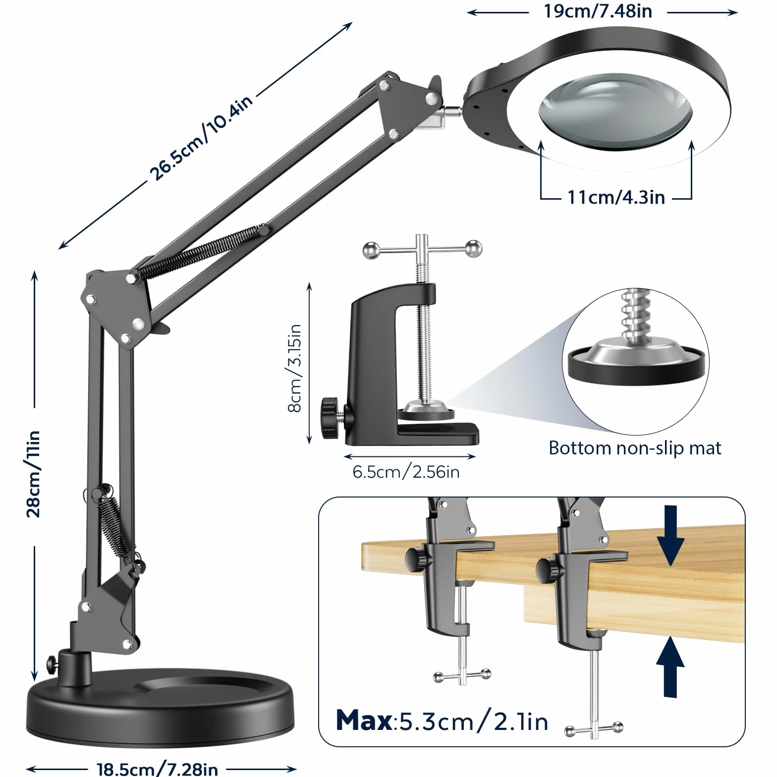 Lampada d'Ingrandimento 15X con Luce, 2 in 1 Base Larga e Clip, 5 Modalità Colore, Collo d'Oca Flessibile