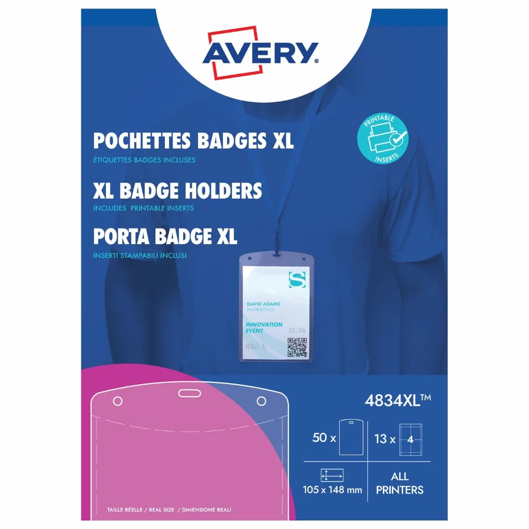 Avery Italia 4834XL 50 porta badge trasparenti A6, 52 inserti carta FSC® stampabili laser e inkjet