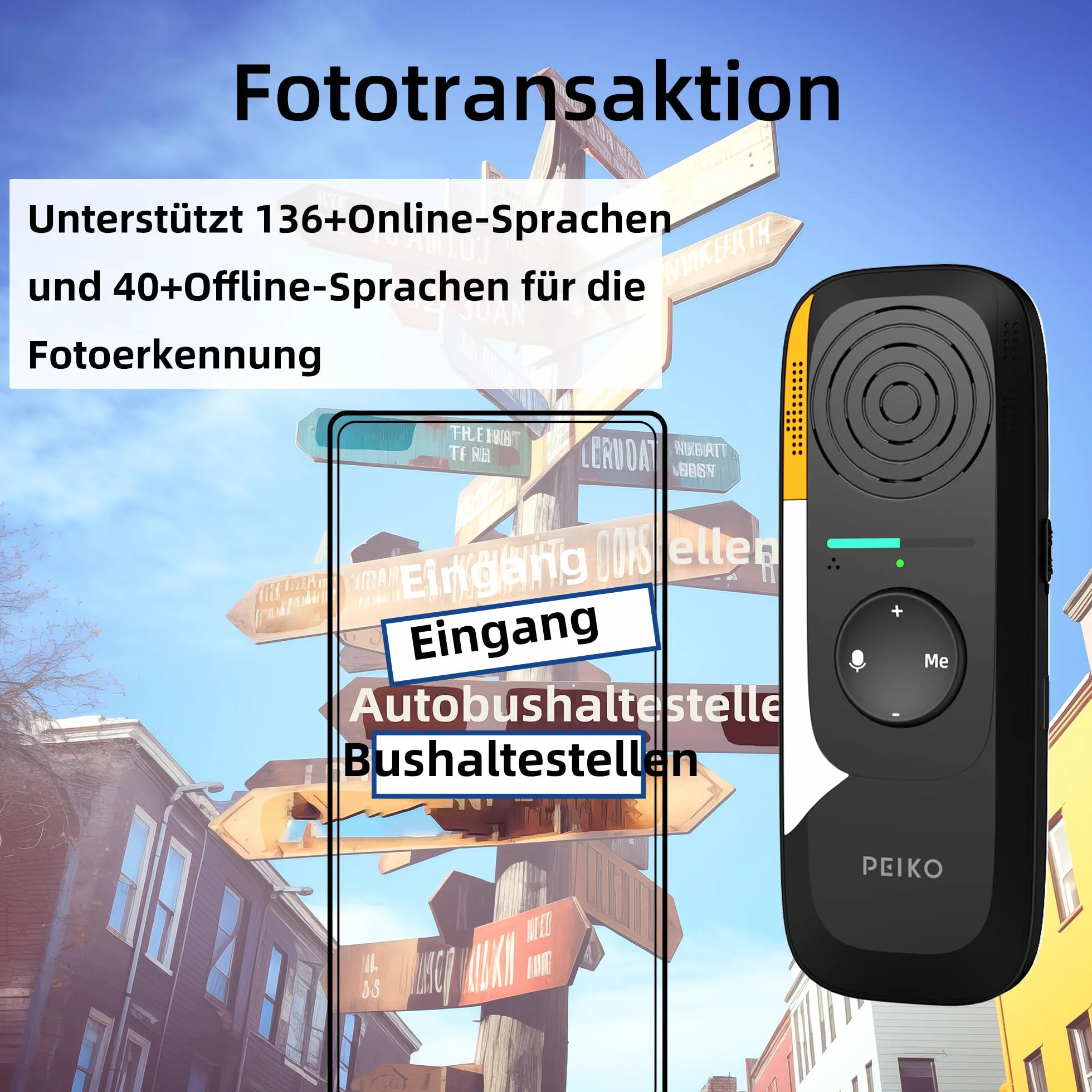 Peiko Traduttore vocale - Traduttore AI in tempo reale con 75 lingue e 136 accenti, traduzione offline bidirezionale, mini traduttore per viaggi, apprendimento e viaggi d'affari