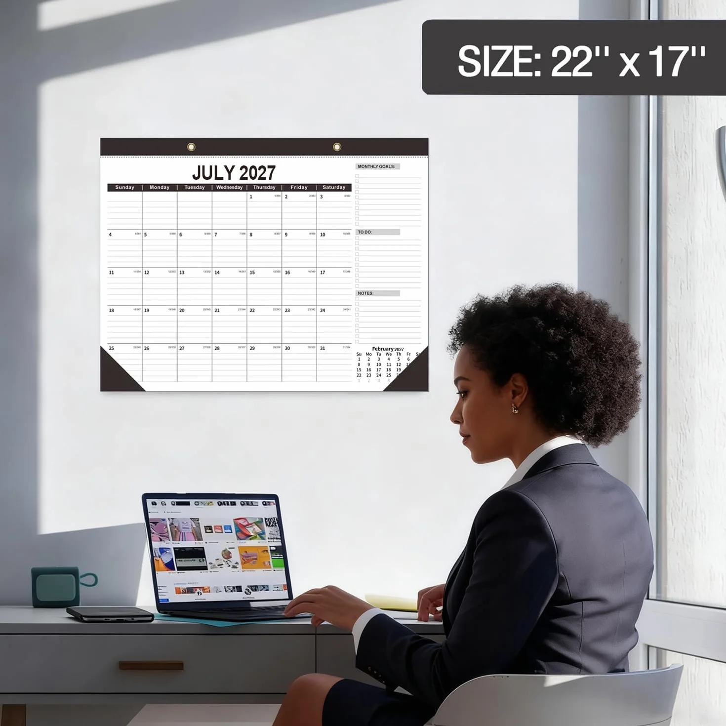 Grande calendario da parete 2026-2027 e planner da scrivania, 55 x 40 cm, da gennaio 2026 a giugno 2027, per la pianificazione di casa e ufficio (nero)