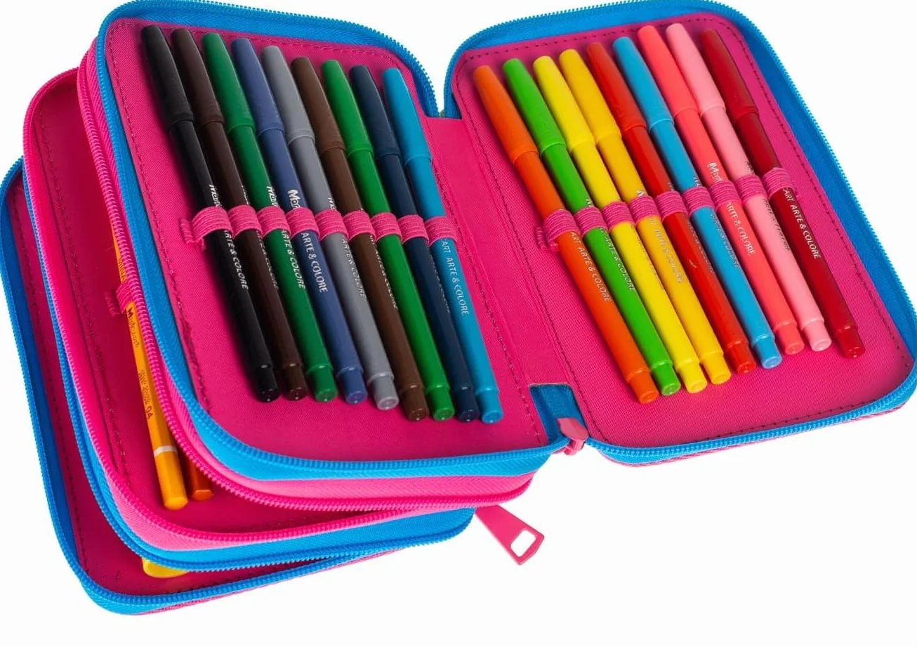 PRESTIGE & DELUXE Astuccio Scuola Ninna e Matti 3 piani completo rosa + omaggio portachiave paillettes e penna colorata