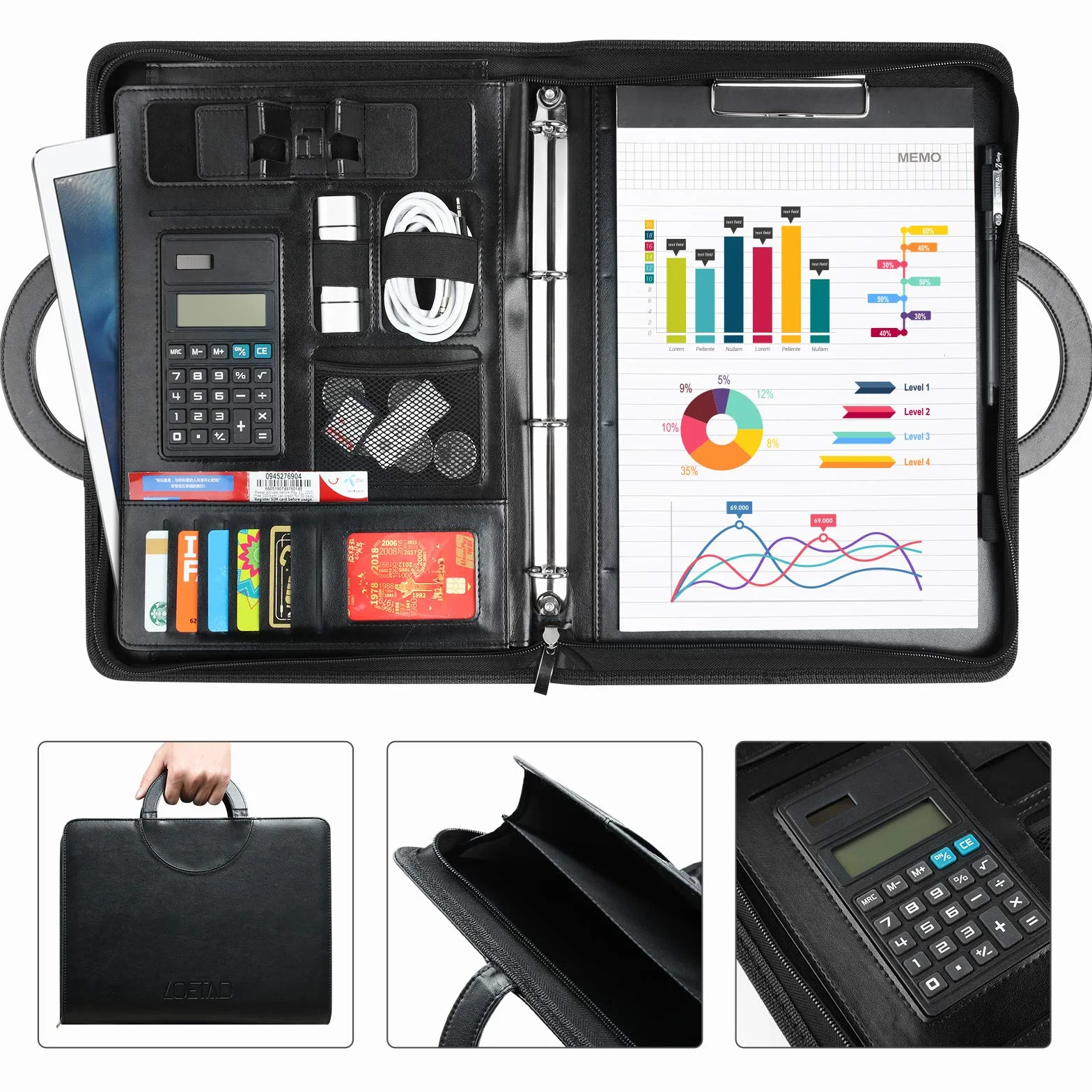 LOETAD Cartella Portadocumenti A4 con Cerniera Pelle Impermeabile Organizer da Viaggio con Portablocco Raccoglitore ad Anelli