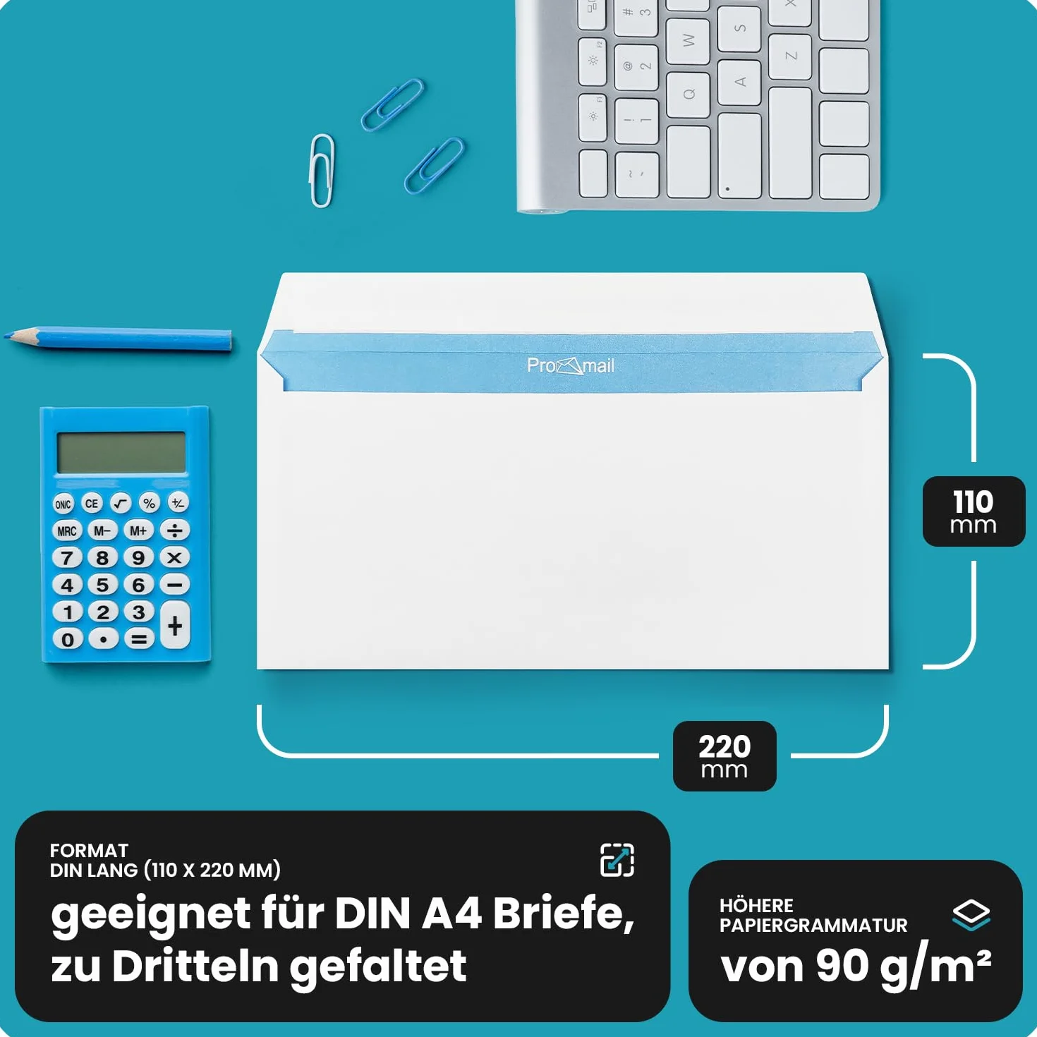Buste commerciali americane bianche Netuno 100 pezzi formato DL 11x22 cm 90g con stampa interna blu senza finestra strip adesivo