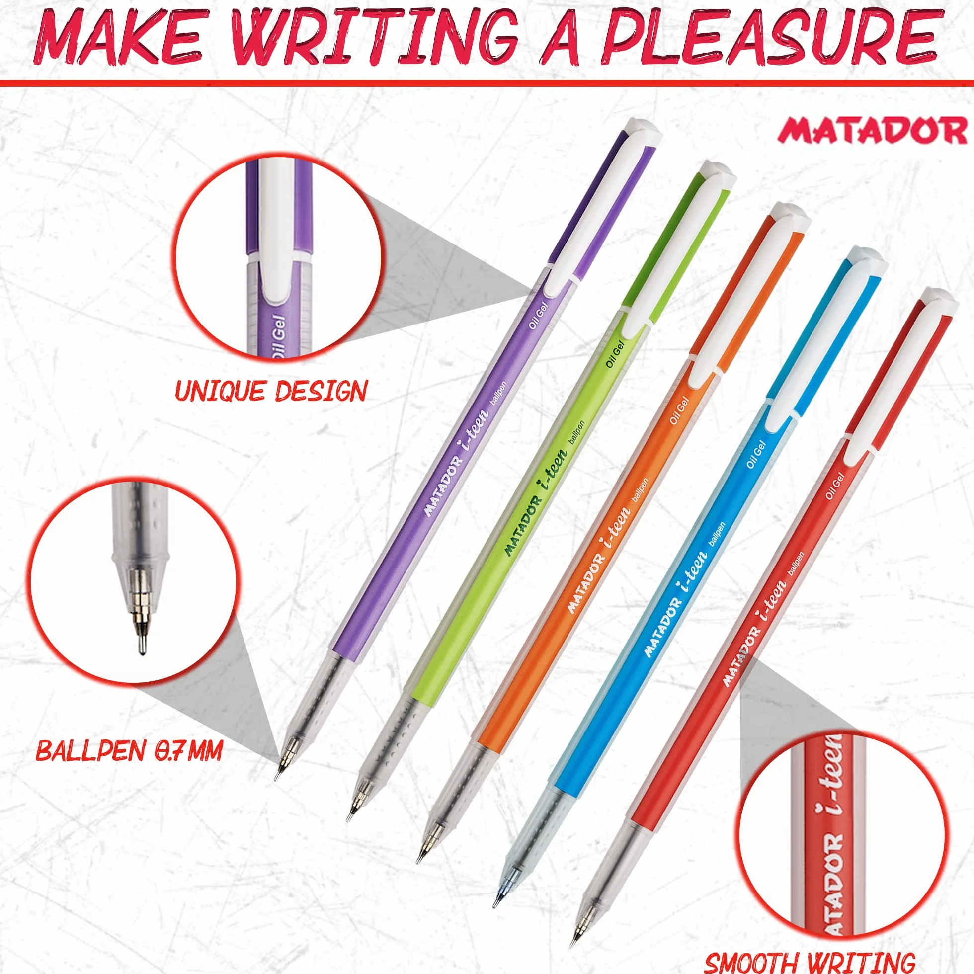 Matador i-teen - Penna a sfera a punta fine (0,7 mm), inchiostro nero, design elegante e accattivante, offre linee forti e vivaci, 24 conti.