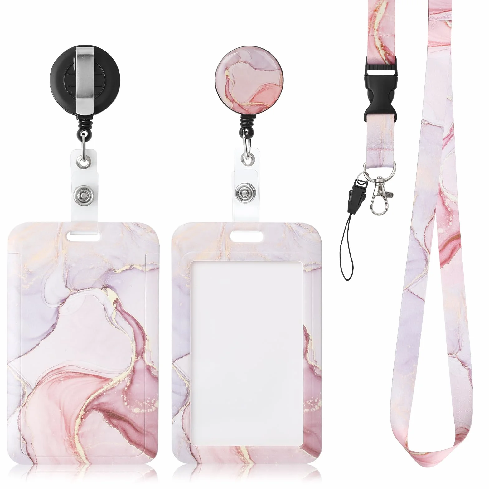 AiQInu Porta Badge da Collo Retrattile con Bobina, Moschettone e Clip, per Carta Bancaria Chiave e Carta d'Identità Rosa
