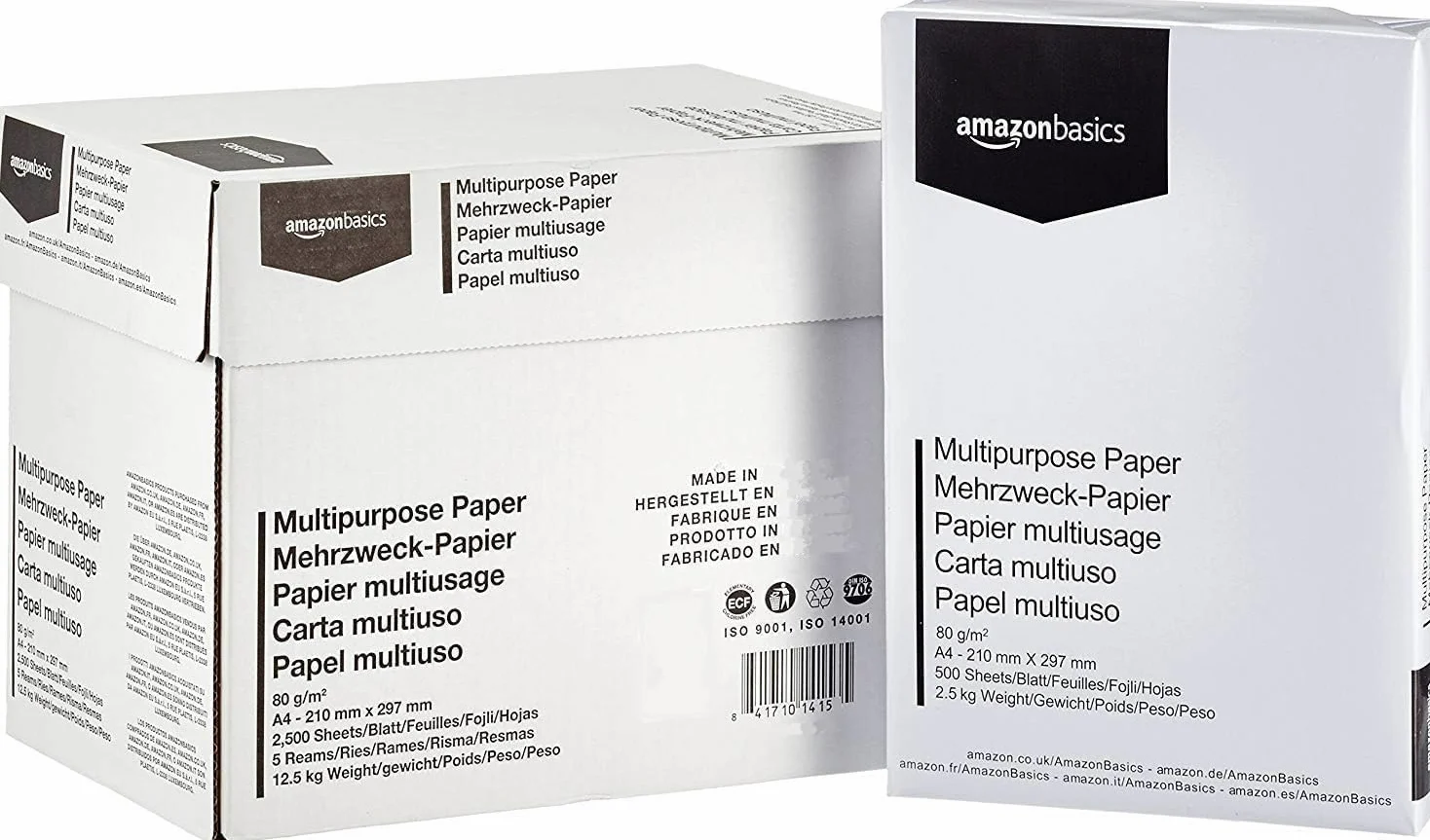 Durevoli 267619 buste per brochure (DIN A4 Premium, 0,08 mm) 100 pezzi di carta per stampante trasparente e Amazon Basics, DIN A4, 80 g/m², 5x500 fogli, bianco