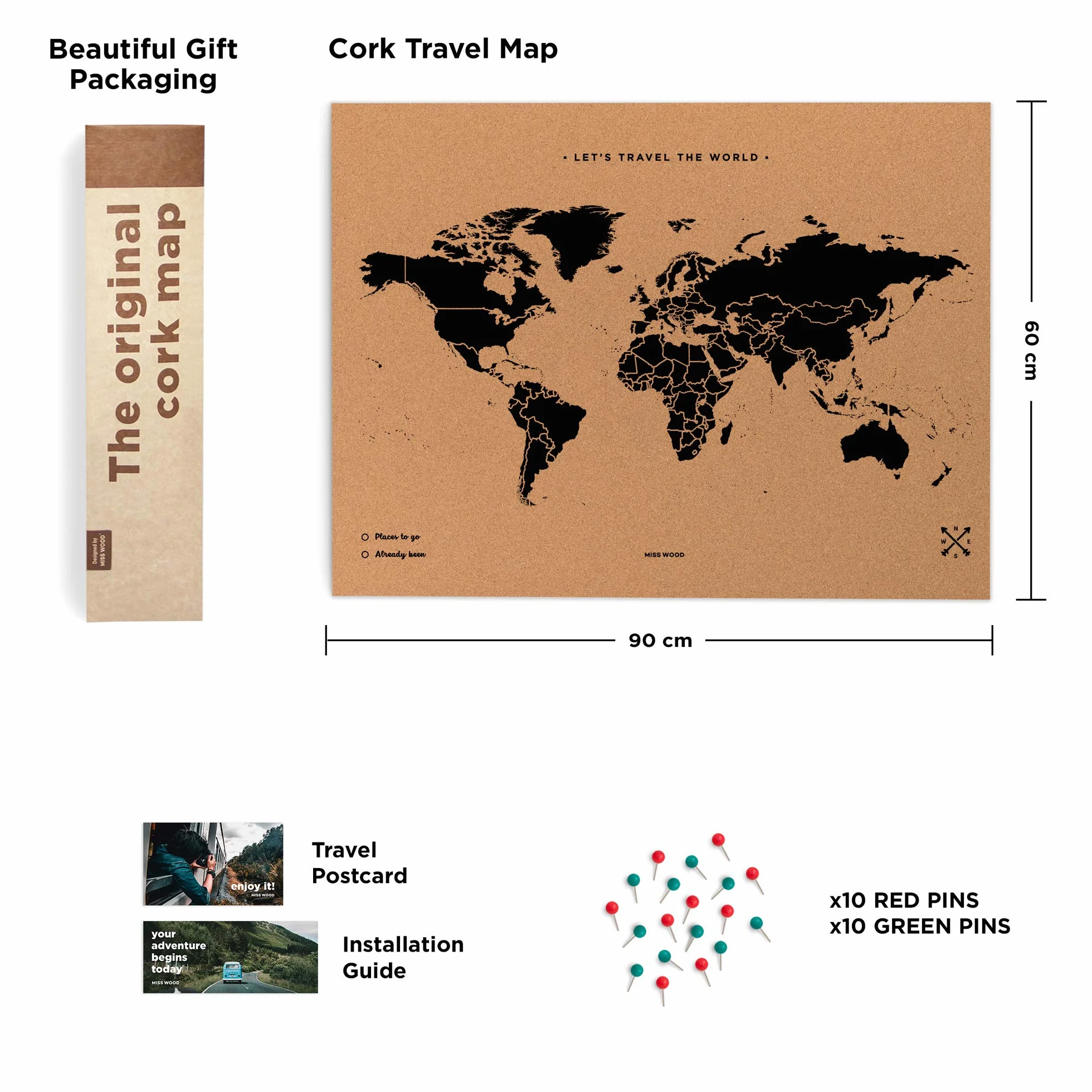 Miss Wood Map XL, Mappa del mondo di Sughero, 60 x 90 cm, Naturale/Nero