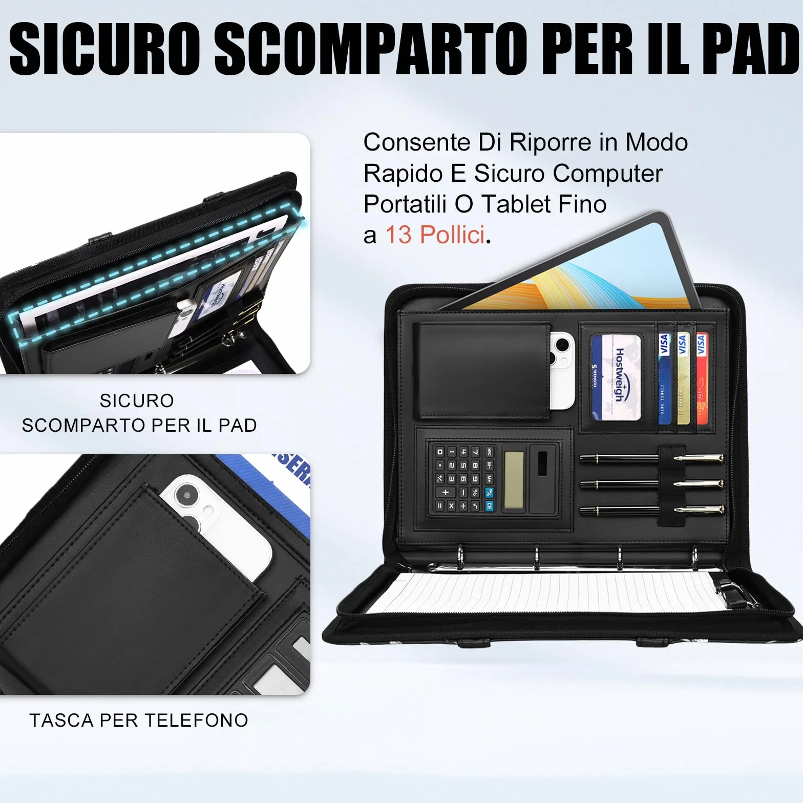 Leathario Cartella Portadocumenti A4 Pelle Vegana con Maniglia e Portablocco Raccoglitore ad Anelli