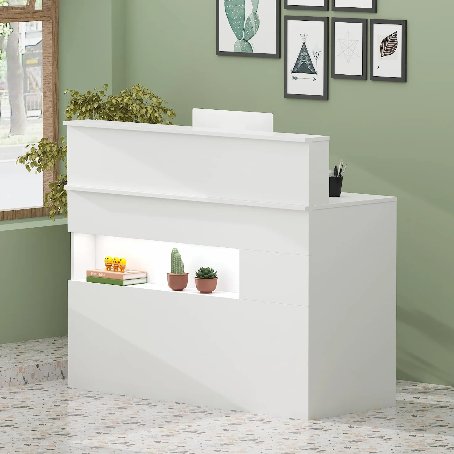 Banco reception con cassetti, banco reception, banco ufficio, per sale aziendali, reception di hotel, negozi di abbigliamento, pasticcerie, frutterie 50 P x 120 L x100 H cm, JRIT250007-01