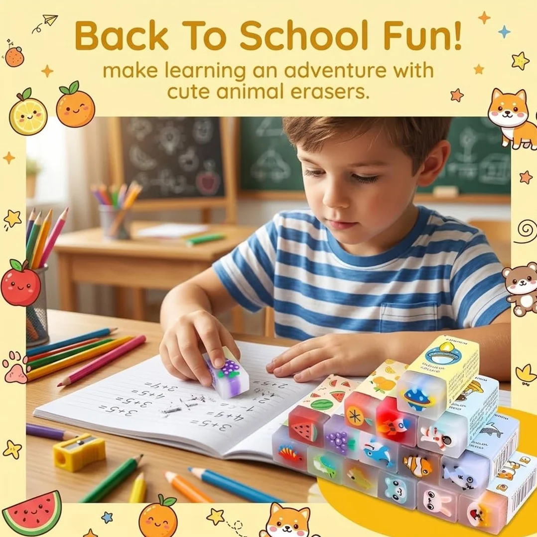 Set da 15 Gomme da Cancellare per Bambini - Motivi Carini Animali Colorati