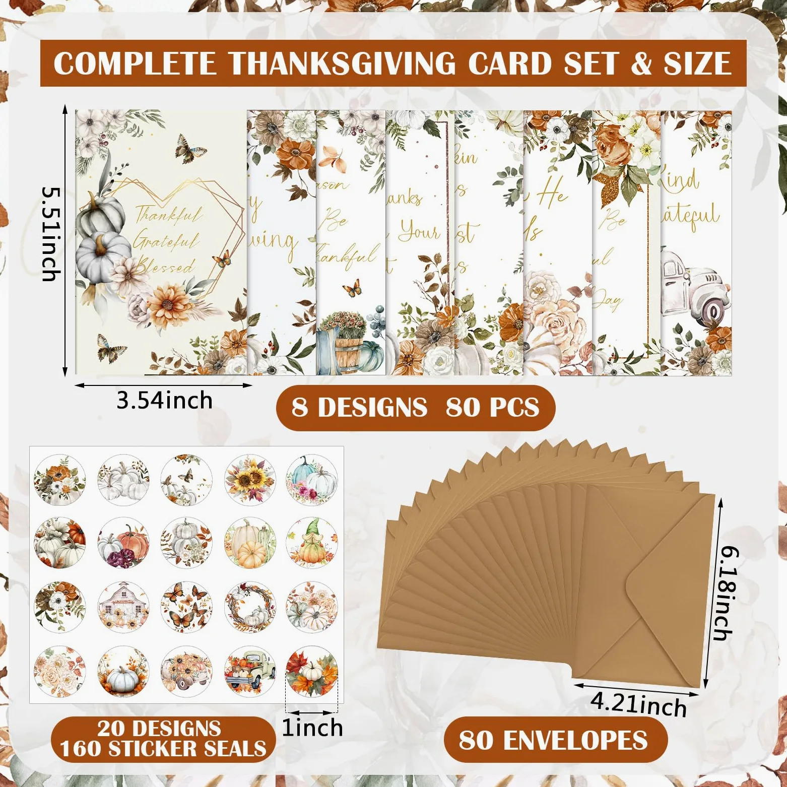 Motiskyy Set di 80 biglietti d'auguri con buste e 4 fogli di adesivi con zucca autunnale e girasole, biglietti di auguri per amanti, amici, familiari, dipendenti, colleghi, regali