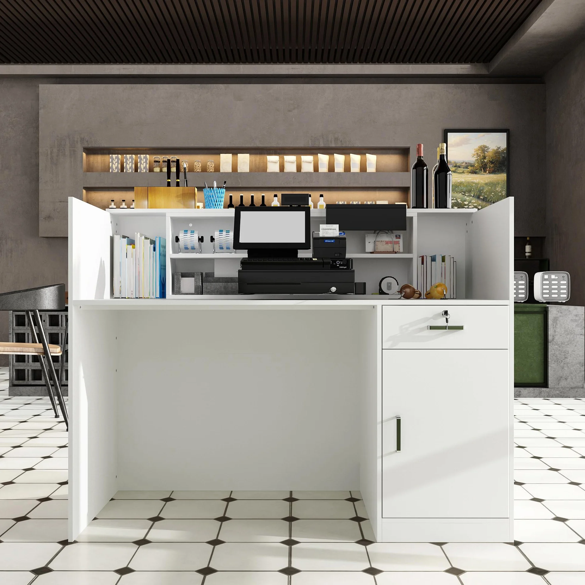 Banco di reception, banchi di reception, banchi di ricevimento, bancone con cassetti e armadi chiudibili, bancone con ripiani aperti regolabili, 140 x 60 x 110 cm, MDF
