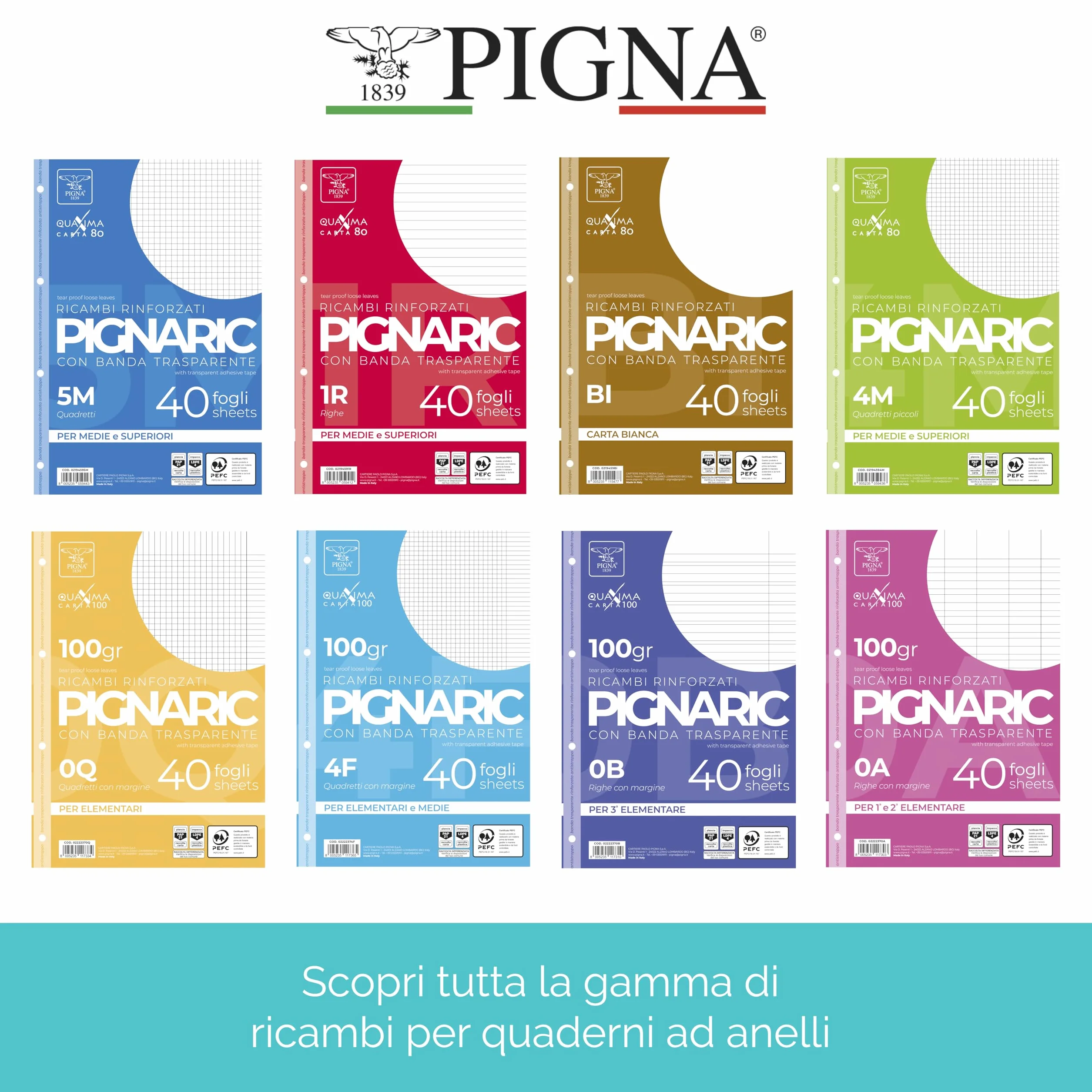 Pigna Confezione 40 fogli A4 ricambi quaderno anelli 4 fori rinforzati 1R righe