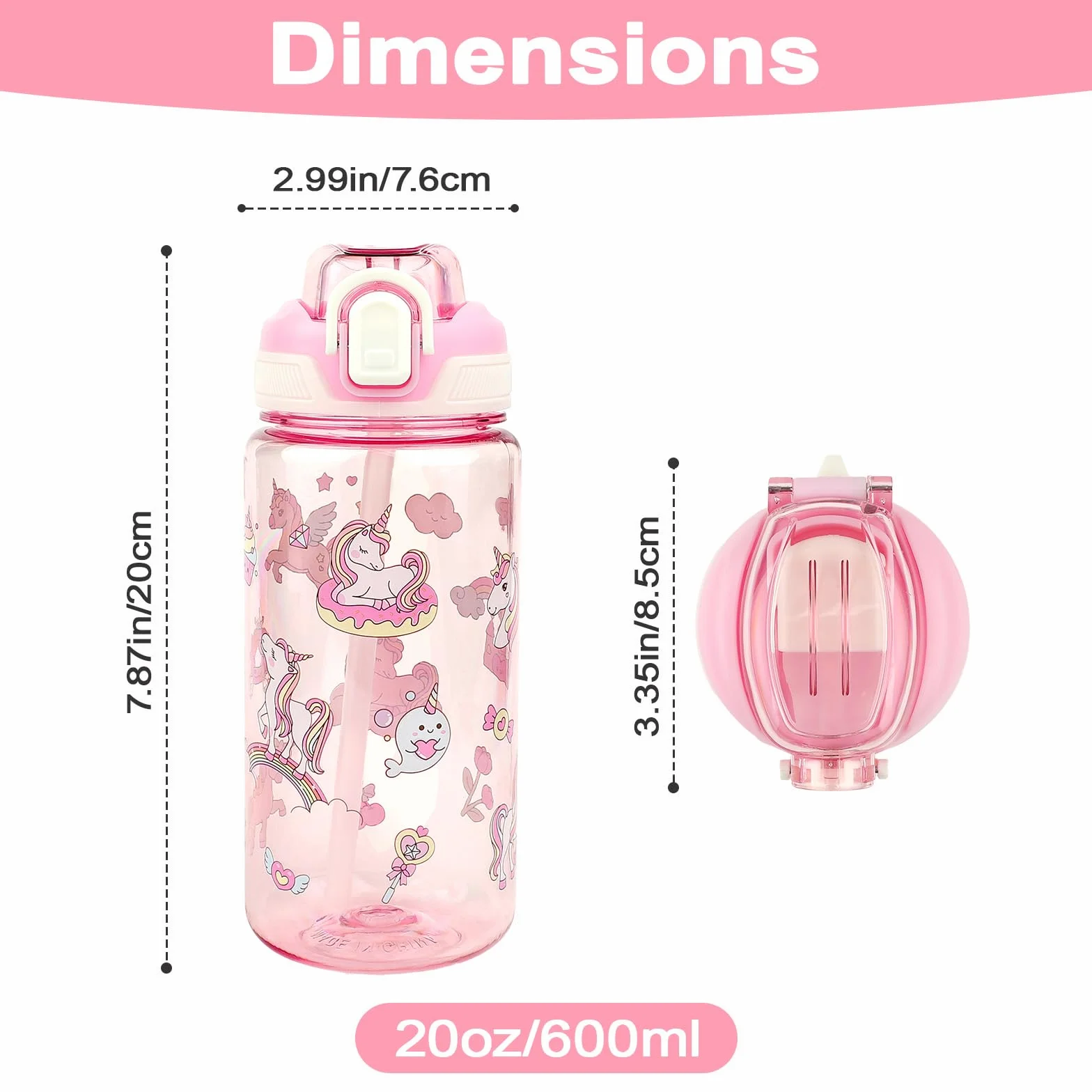 Borraccia Bambini 600 ml con Cannuccia Unicorno Rosa Priva di BPA Lavabile in Lavastoviglie