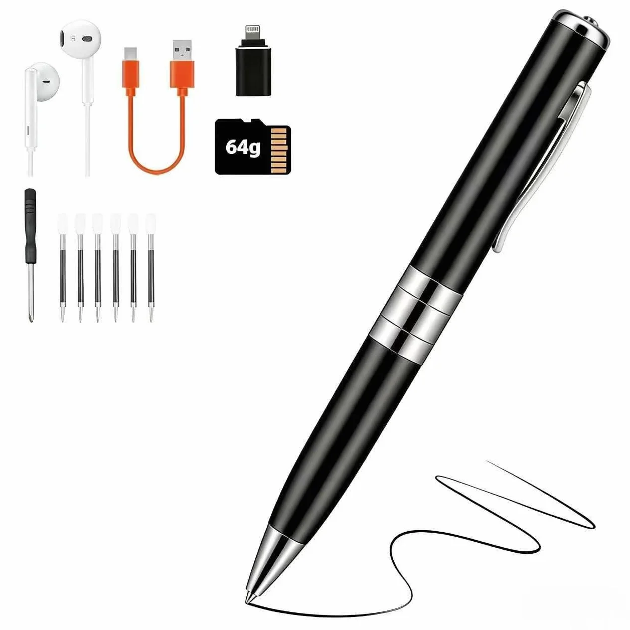 Penna registrazione vocale 64 GB - Dittafono Registratore Vocale automatico e continuo tramite attivazione rotativa, Registratore Vocale Spia Discreta per Corsi, Incontri, Interviste