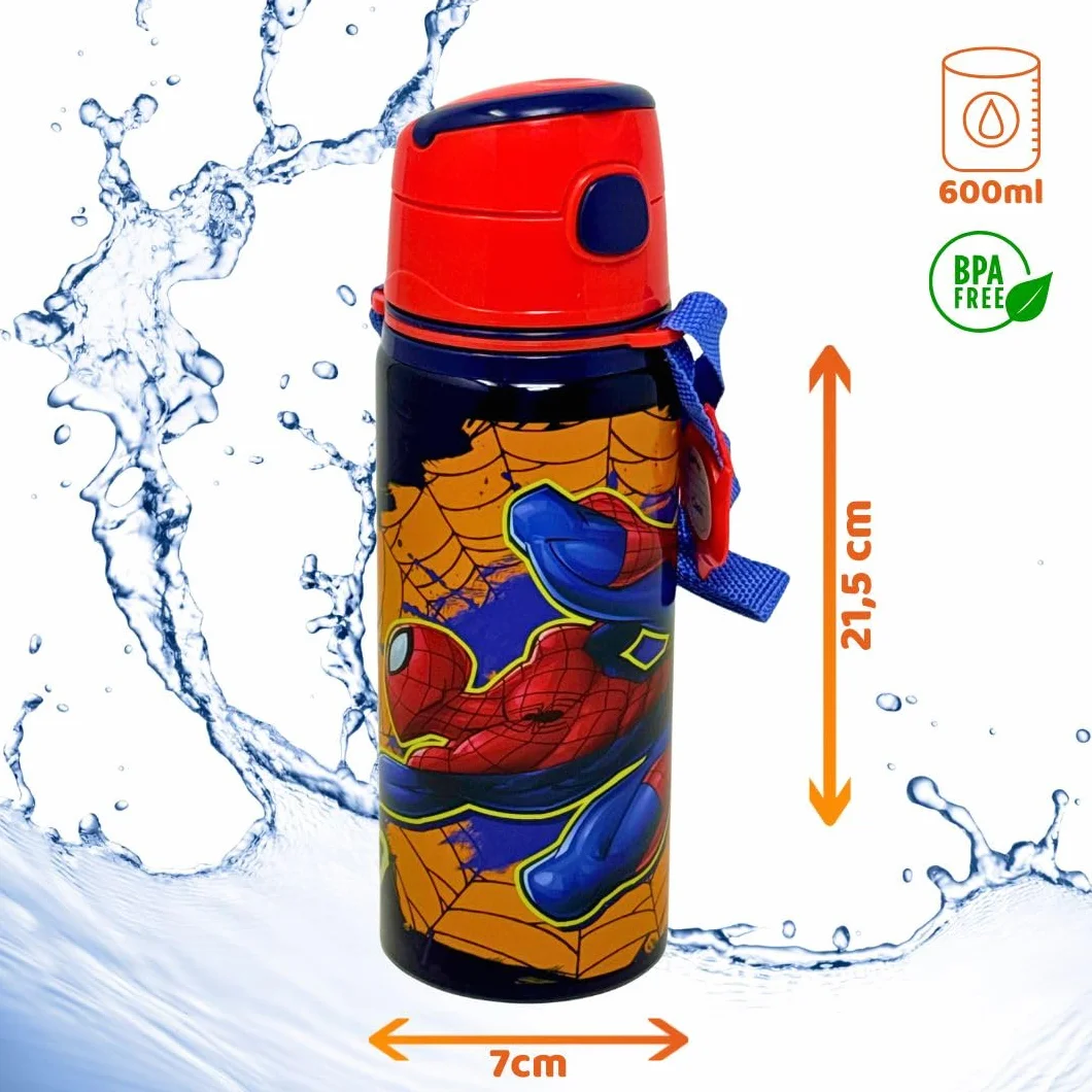 Clondo Borraccia Bambini 600ml Alluminio Cannuccia Tracolla Bottiglia Acqua Anti-Goccia Spiderman