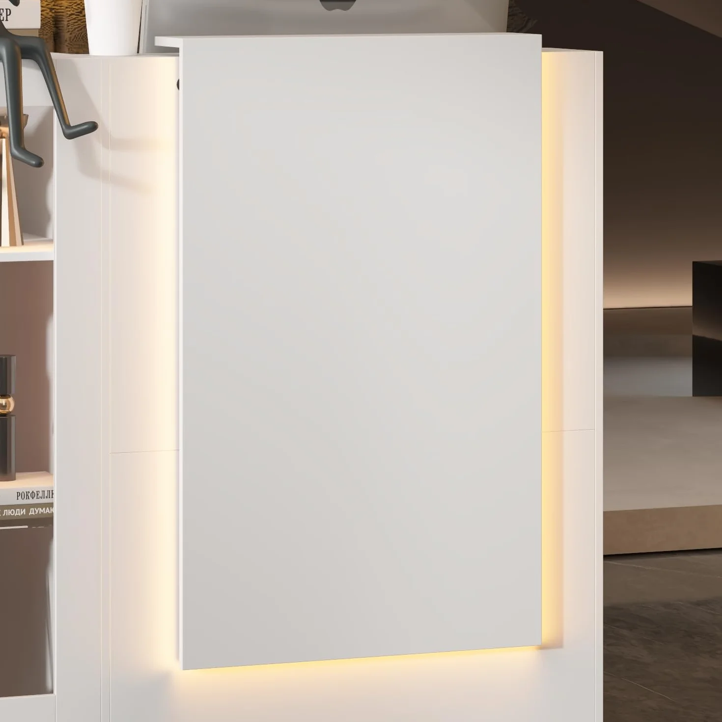 Tavolo di ricezione angolare con cassetto della tastiera, cassetta L con 3 luci colorate, bancone con vetrina in vetro, tavolo reception, bancone