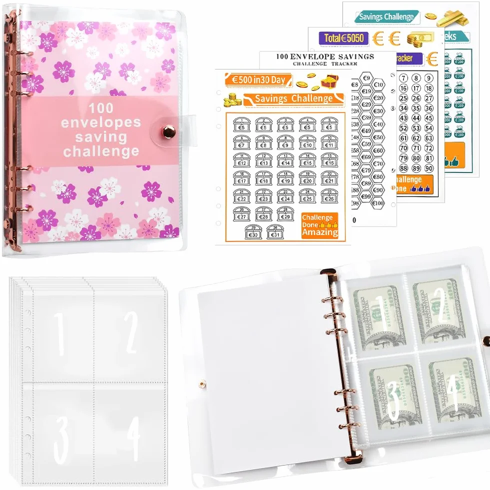 A5 Raccoglitore per Risparmiare Denaro con Buste Trasparenti, Diario Money Saving, Risparmio Divertente €10000/€5050/€500 - Rosa