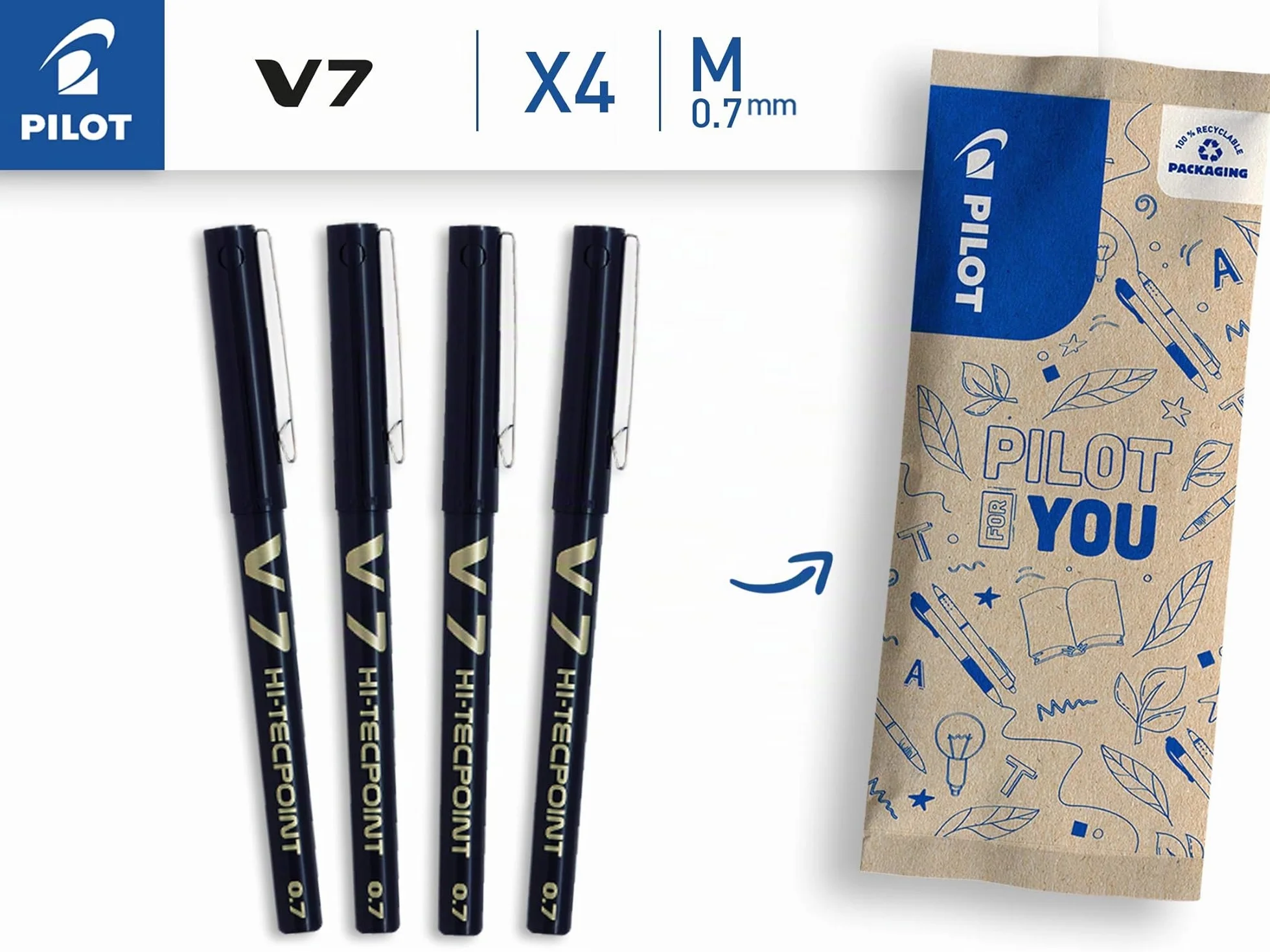 PILOT Set di 4 V7 Penna roller Inchiostro liquido Punta Fine 0,7 mm Nero Asciugatura rapida