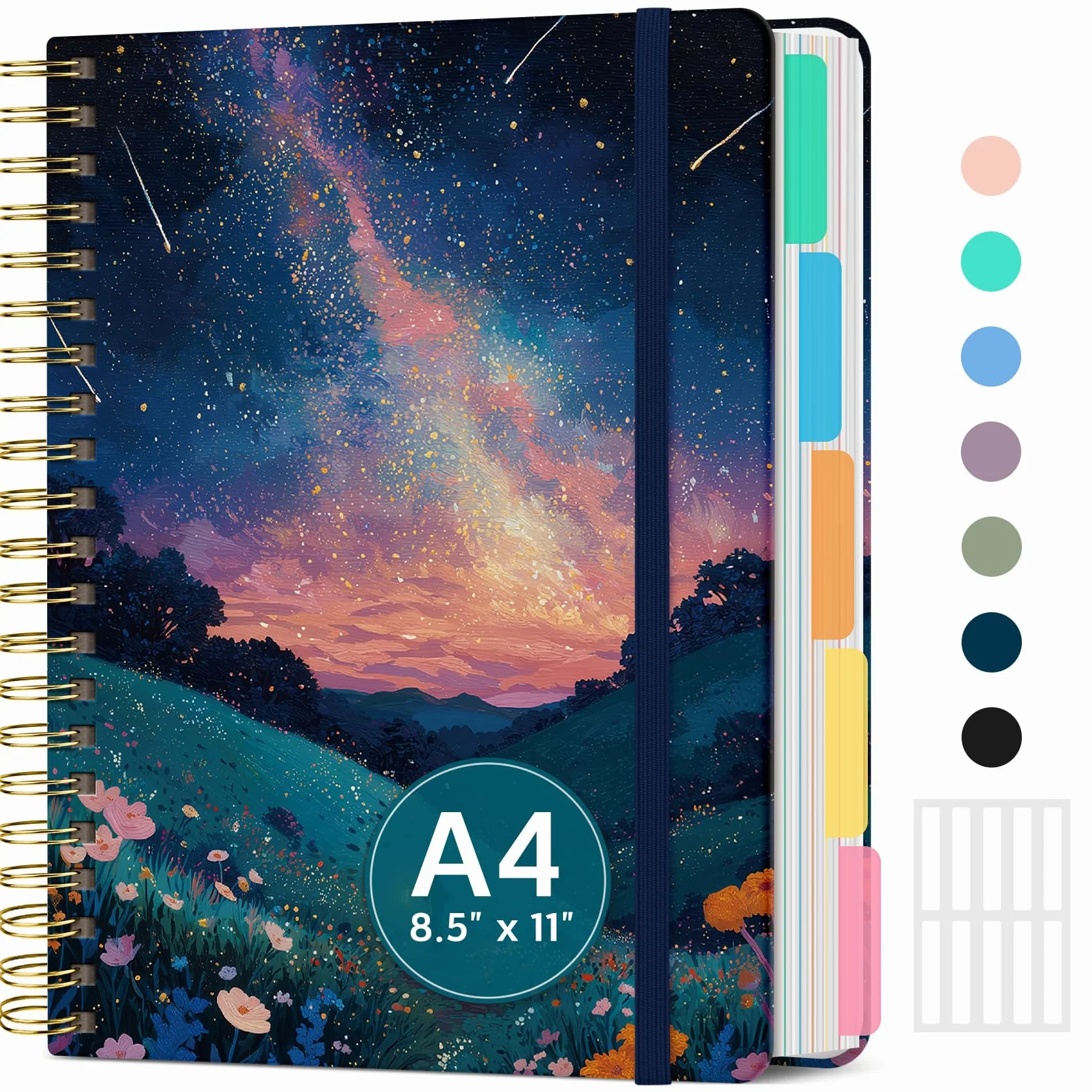 Grande quaderno a spirale per lavoro con divisori e linguette, 21,6 x 27,9 cm, copertina rigida, 5 soggetti, a righe, 280 pagine, petali cosmici