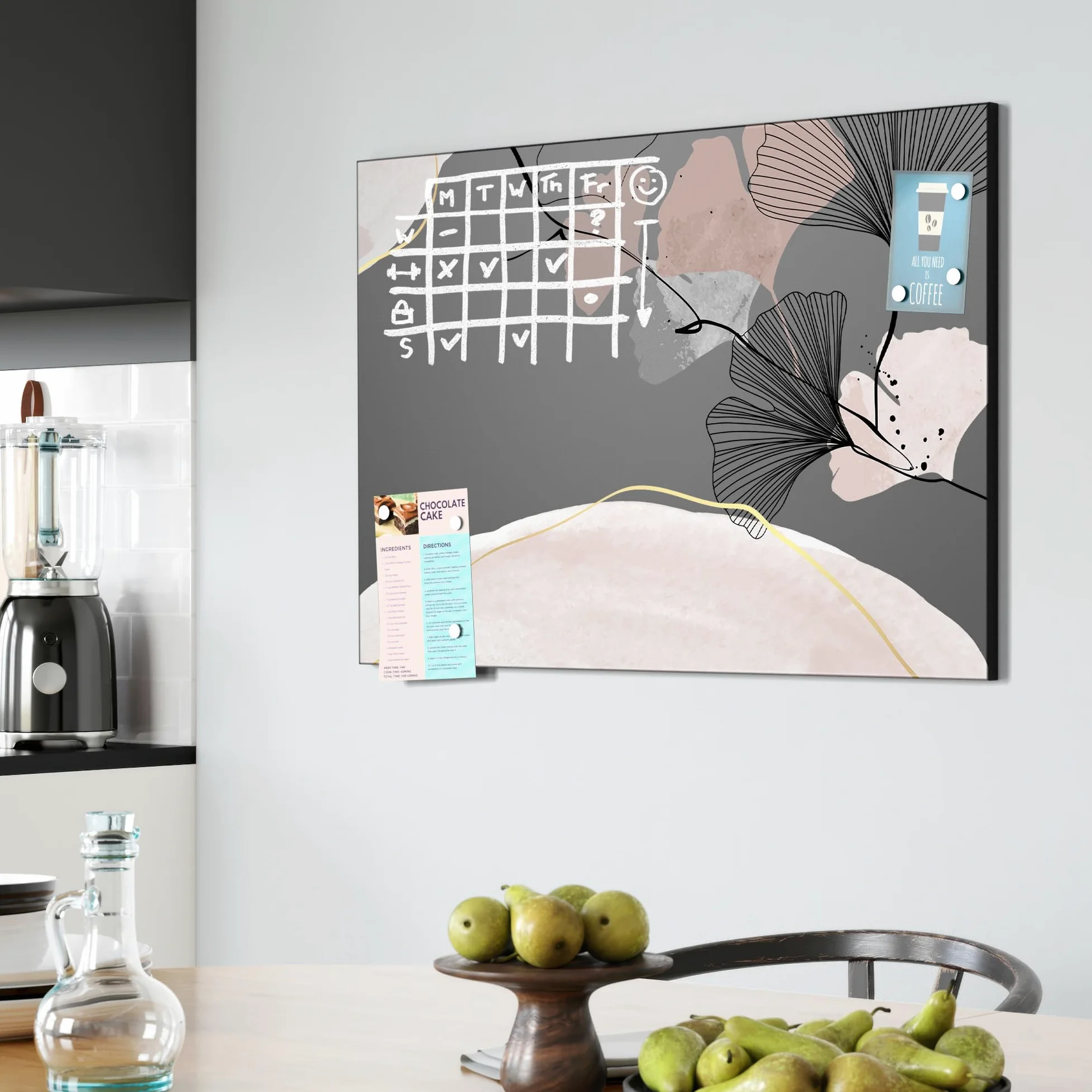 DEQORI Lavagna magnetica con stampa UV | motivo "striscione gingko decorativo" | Design rettangolare 90 x 60 cm | Lavagna in metallo a gesso scrivibile – Decorazione da parete per cucina, corridoio